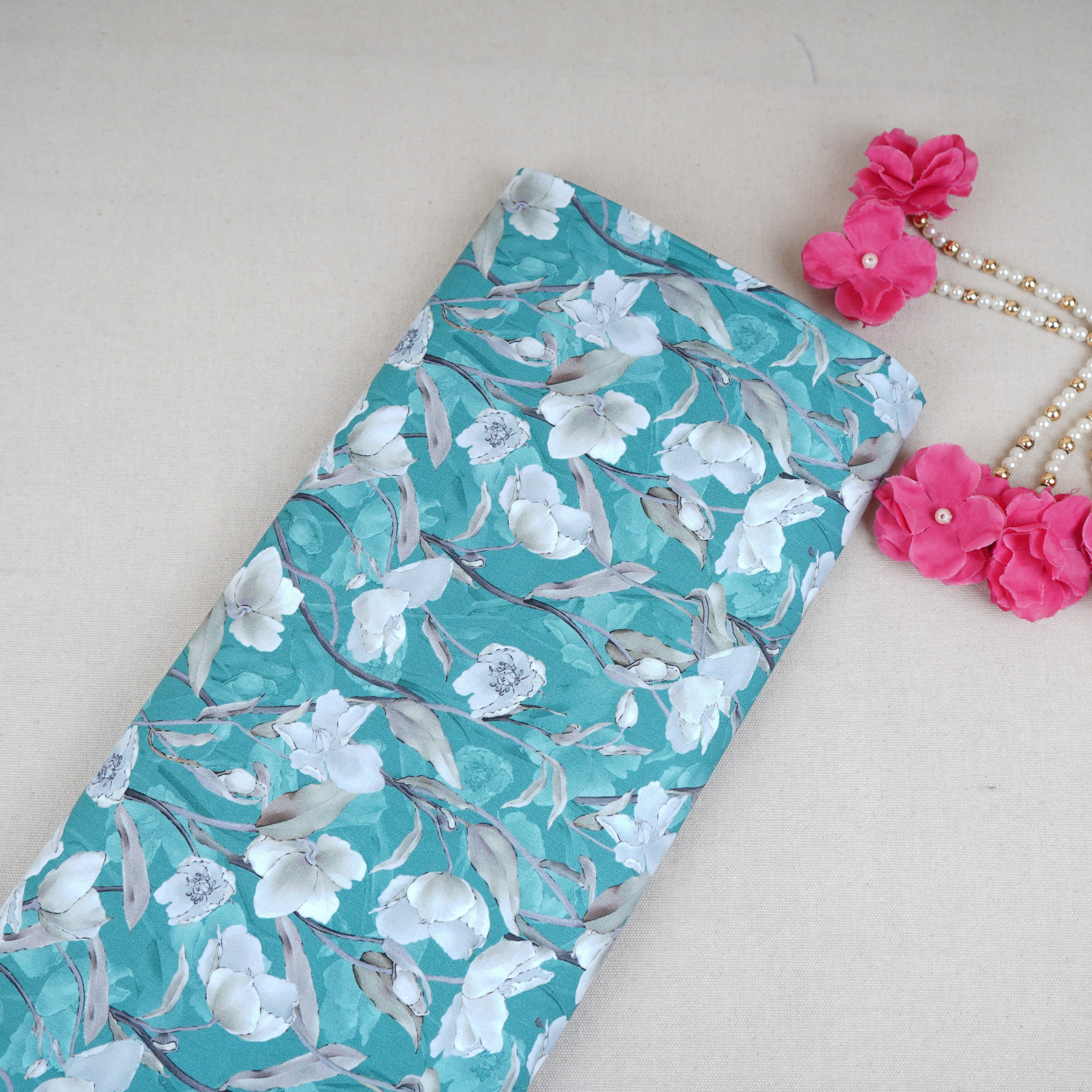 Teal Floral Print Cotton Mulmul Fabric PG-30373 - TradeUNO