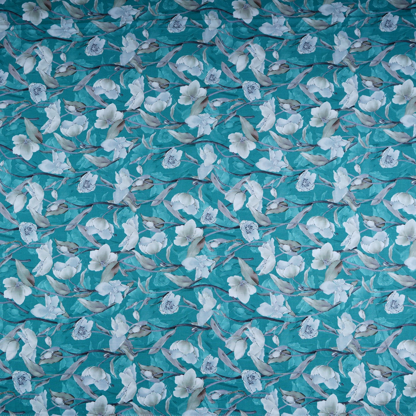 Teal Floral Print Cotton Mulmul Fabric PG-30373