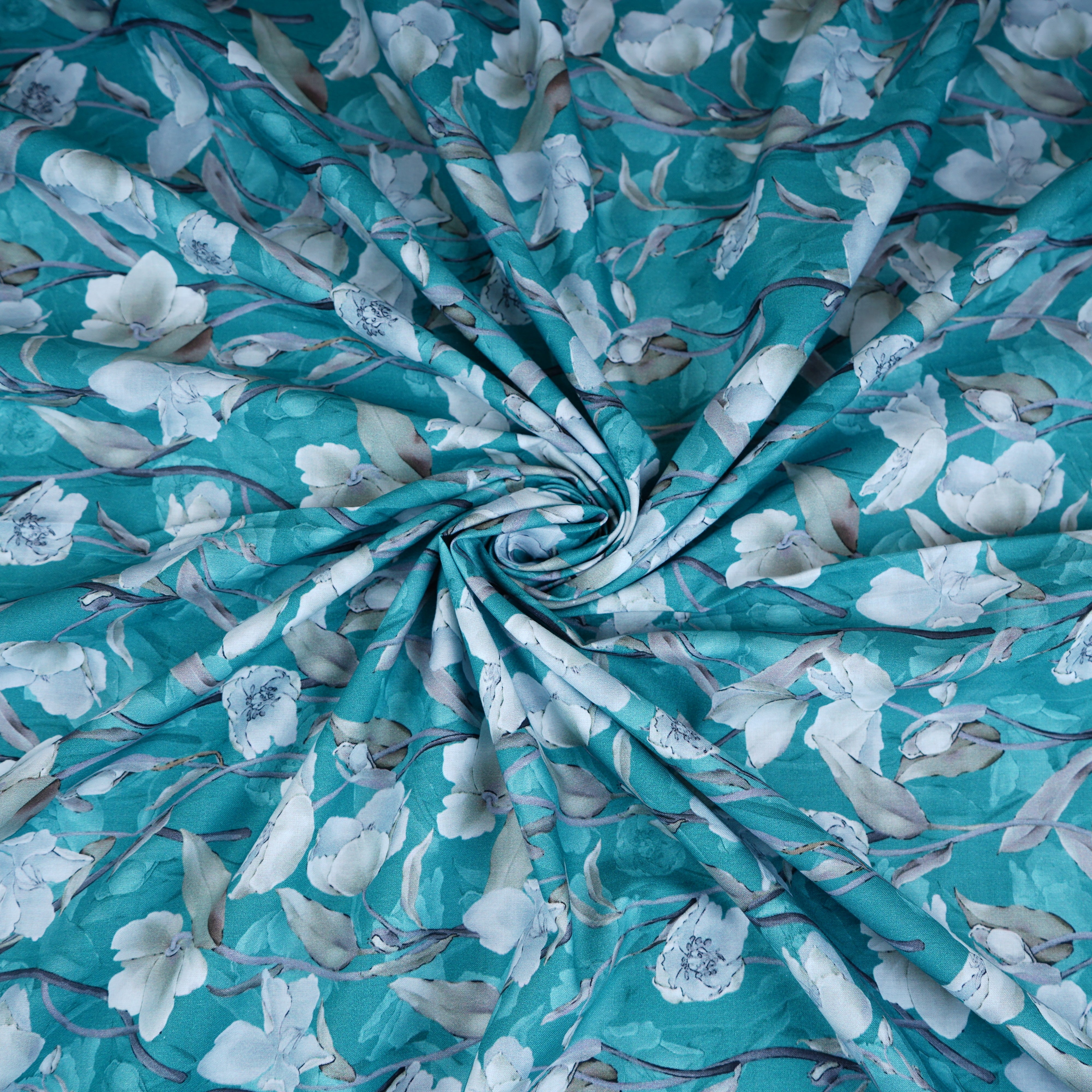 Teal Floral Print Cotton Mulmul Fabric PG-30373 - TradeUNO