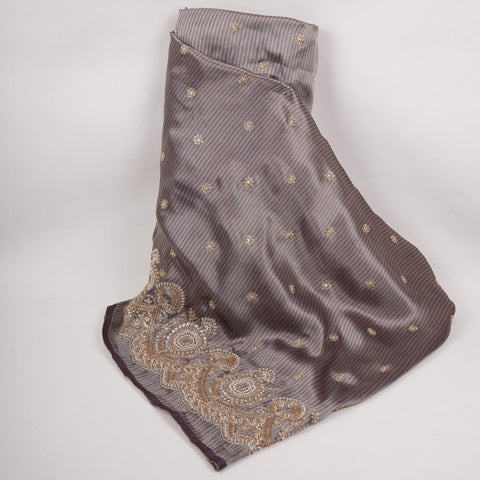 Mauve Grey with Silver Zari Stripes Border Cutdana embroidery Jacquard Fabric TF-32241