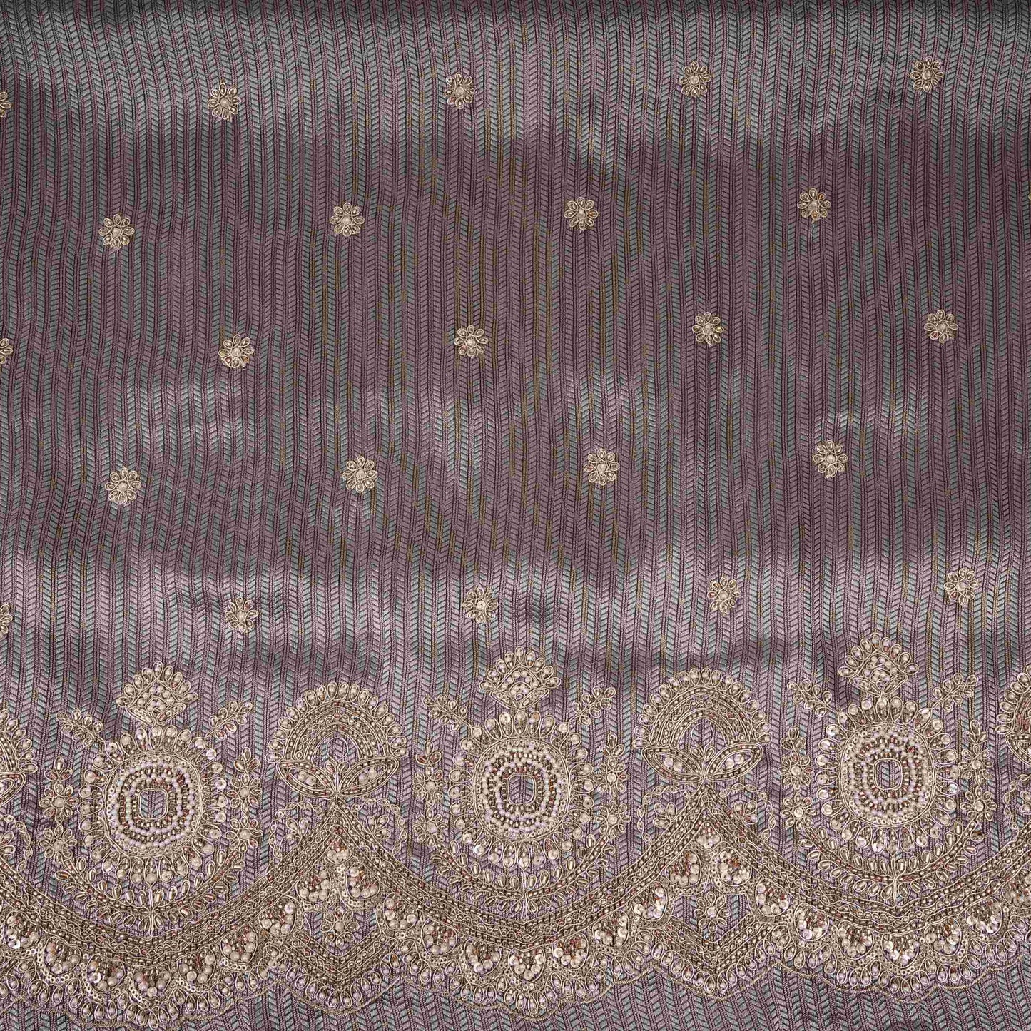 Mauve Grey with Silver Zari Stripes Border Cutdana embroidery Jacquard Fabric TF-32241