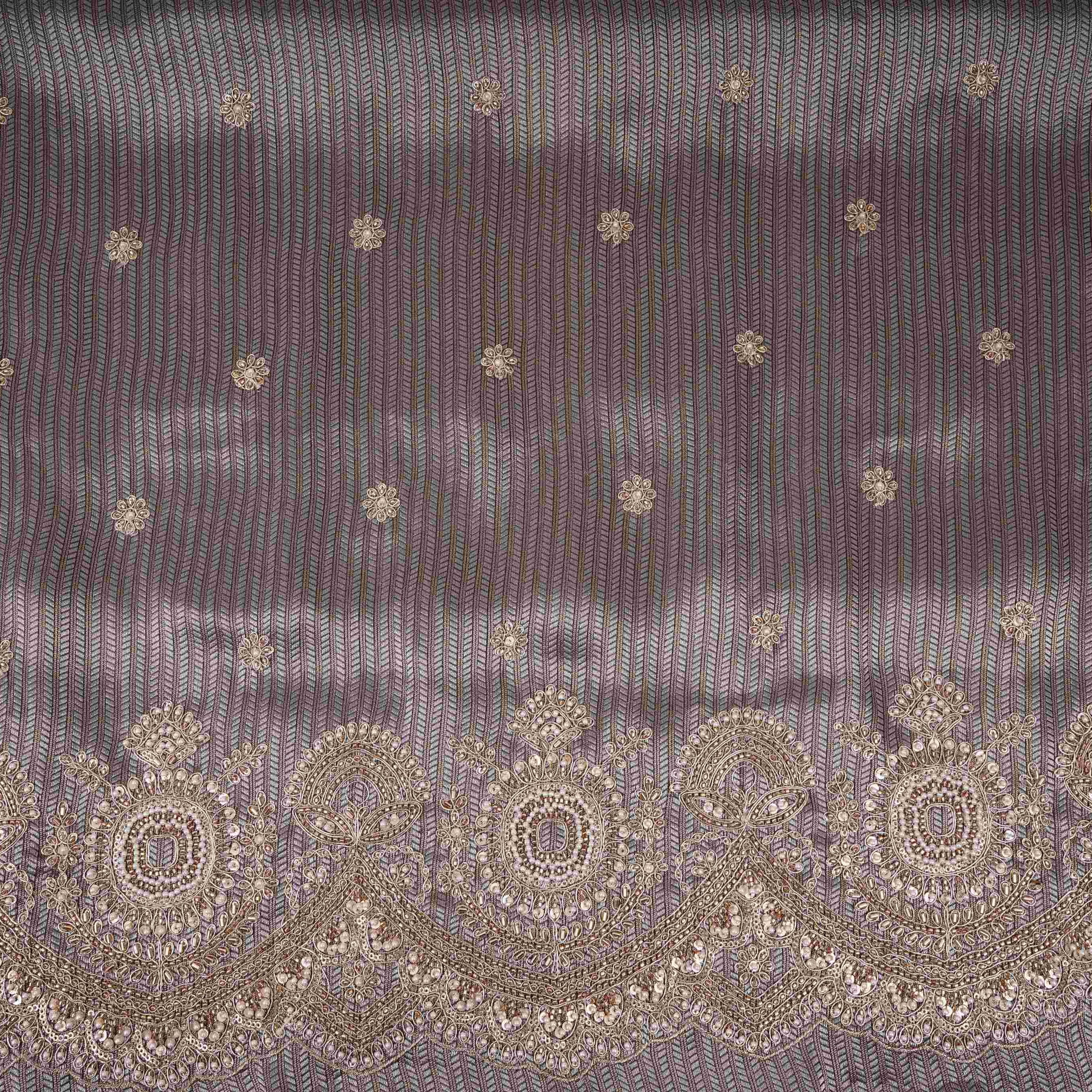 Mauve Grey with Silver Zari Stripes Border Cutdana embroidery Jacquard Fabric TF-32241 - TradeUNO