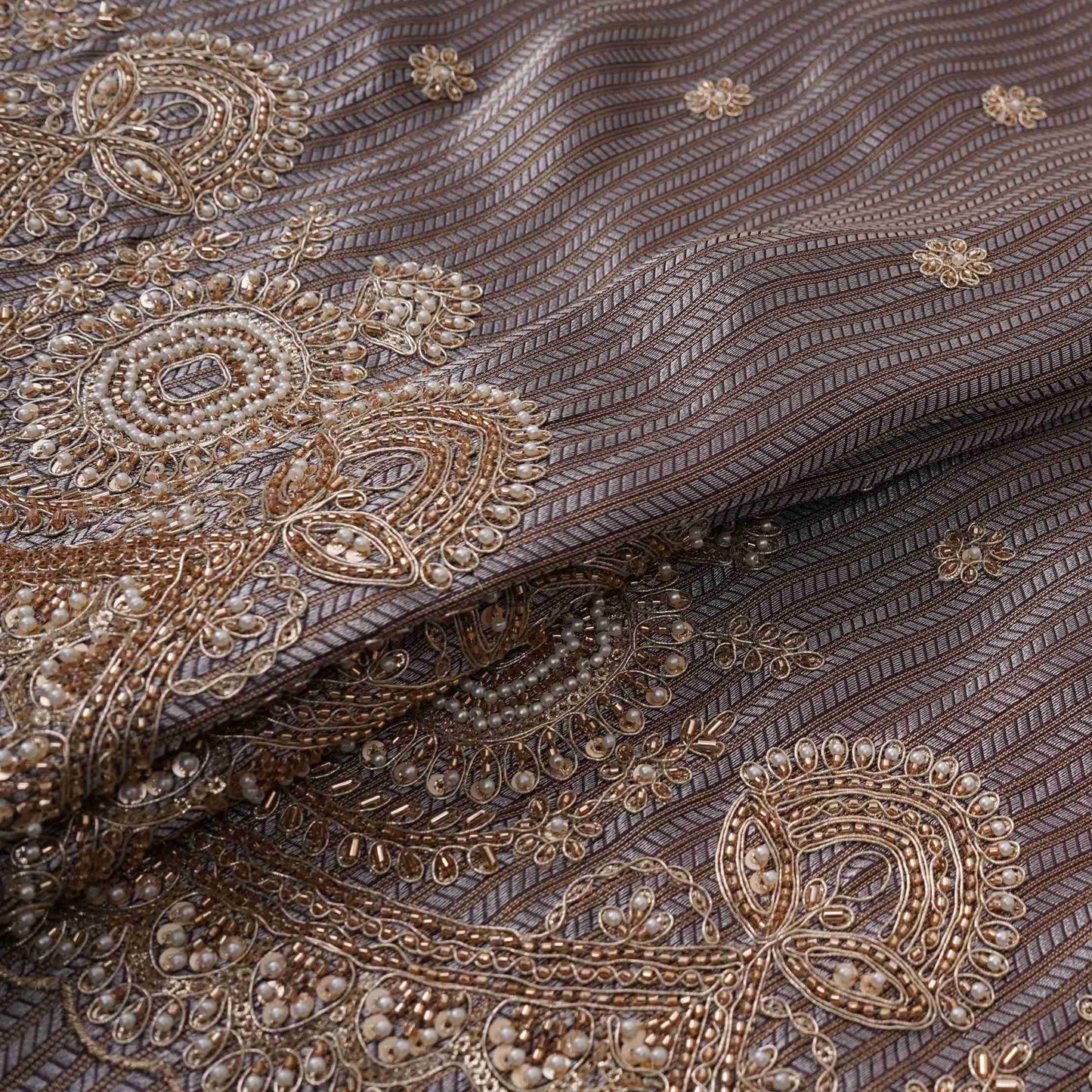 Mauve Grey with Silver Zari Stripes Border Cutdana embroidery Jacquard Fabric TF-32241