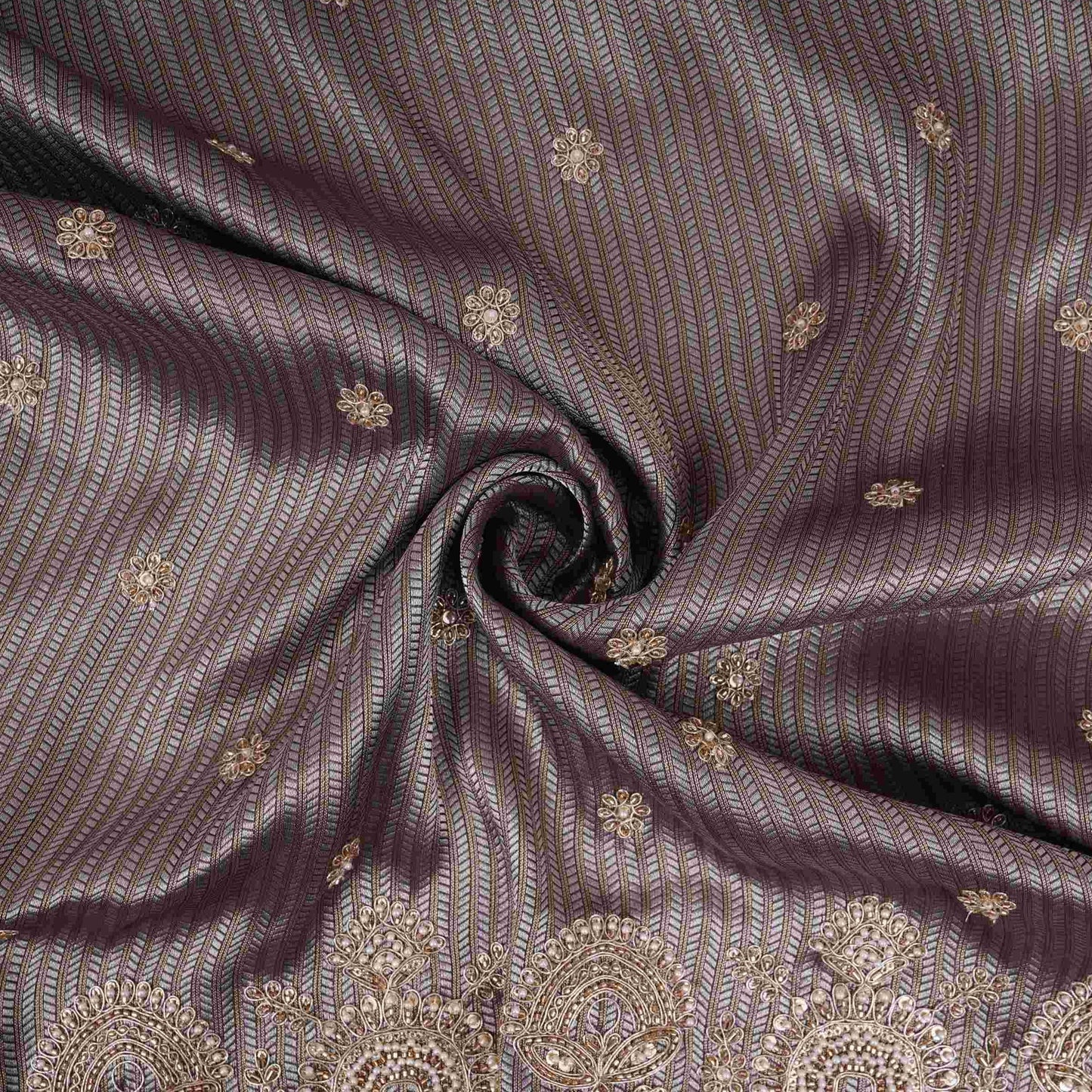 Mauve Grey with Silver Zari Stripes Border Cutdana embroidery Jacquard Fabric TF-32241