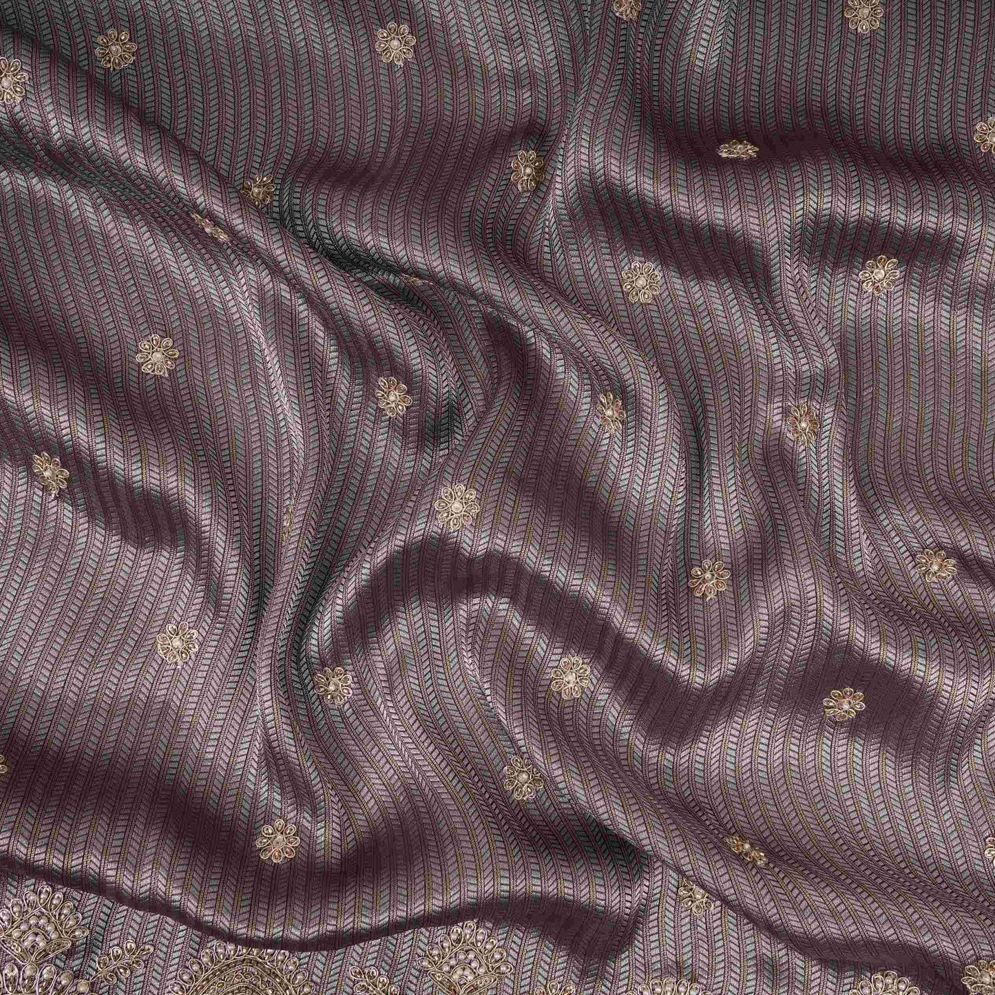 Mauve Grey with Silver Zari Stripes Border Cutdana embroidery Jacquard Fabric TF-32241