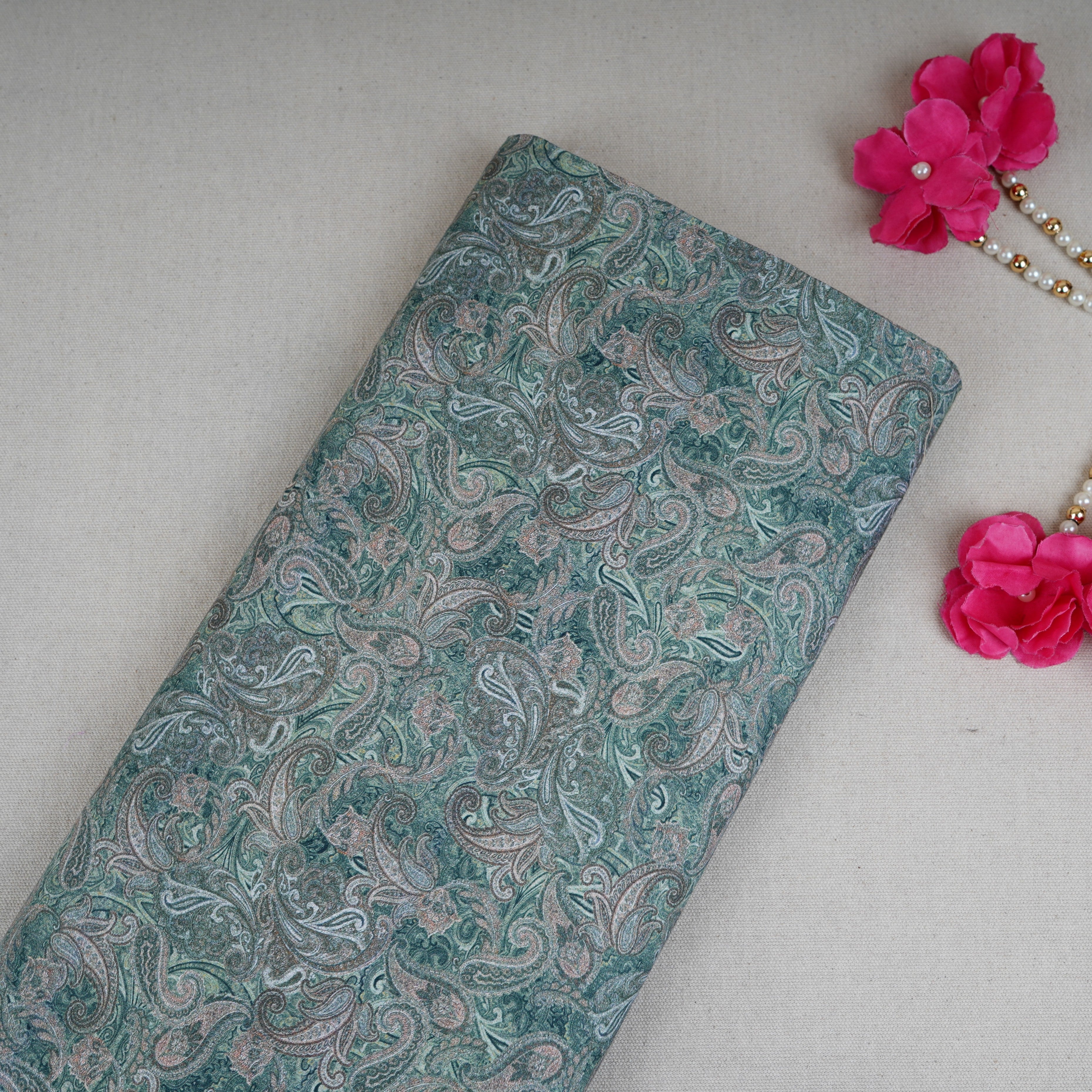 Green Paisley Print Cotton Mulmul Fabric PG-30379 - TradeUNO