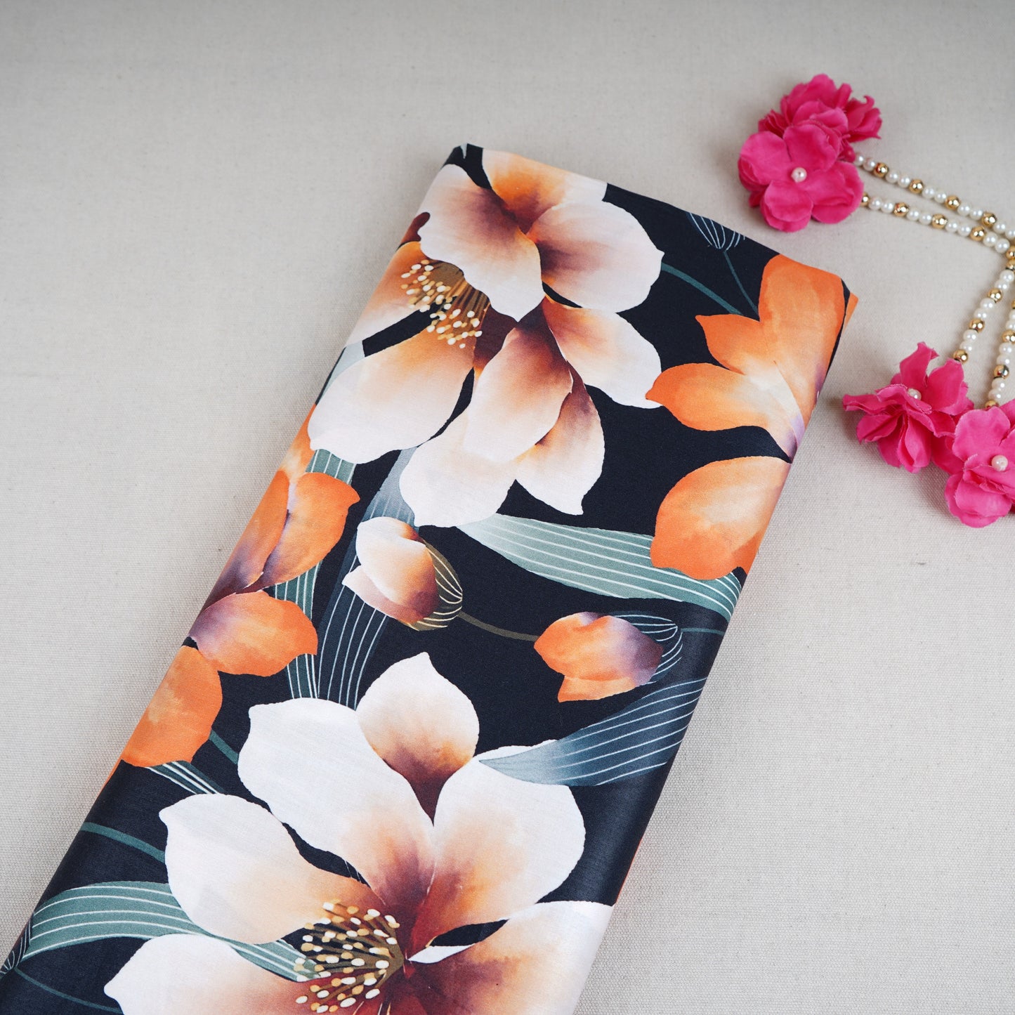 Black Floral Print Cotton Satin Fabric PG-30400