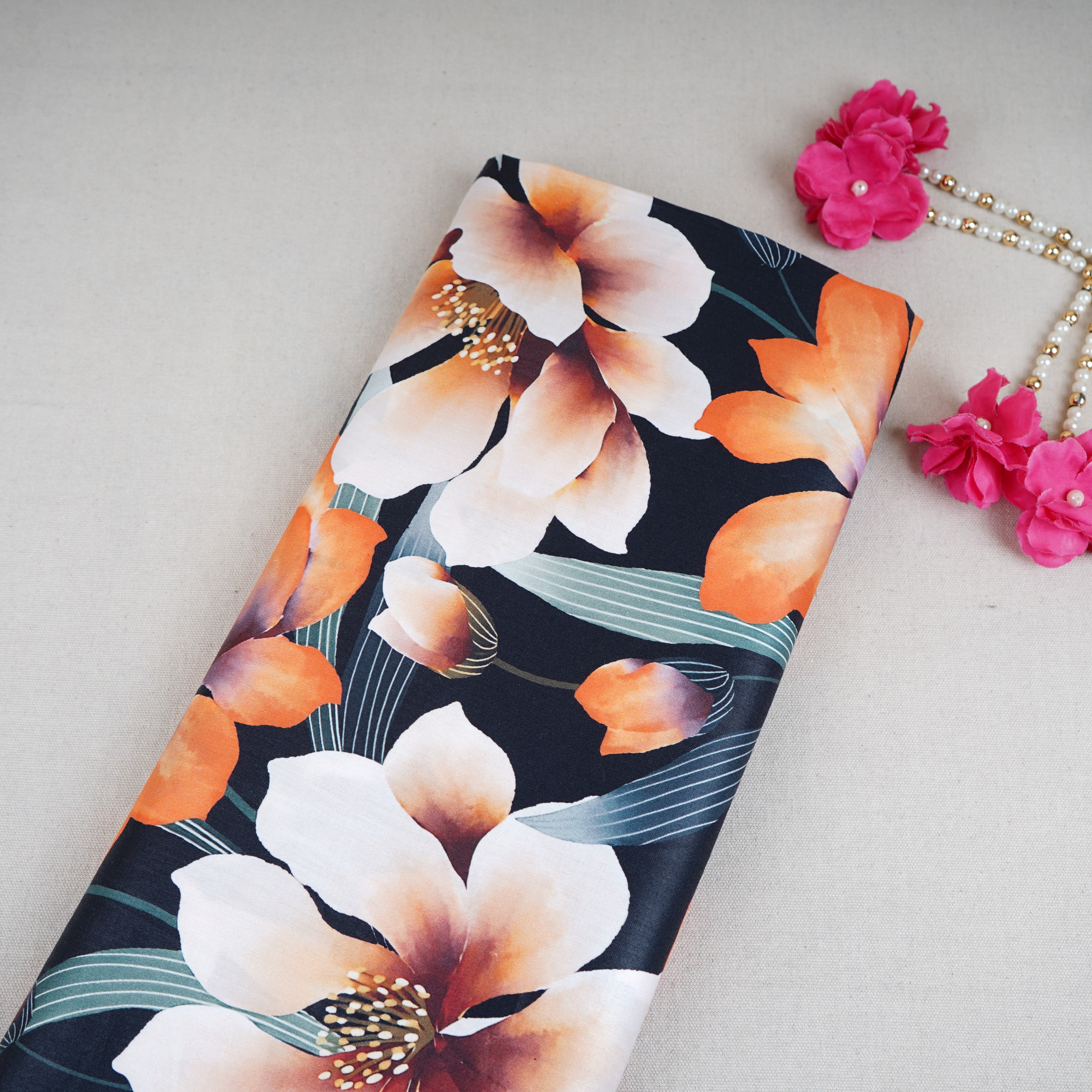 Black Floral Print Cotton Satin Fabric PG-30400 - TradeUNO