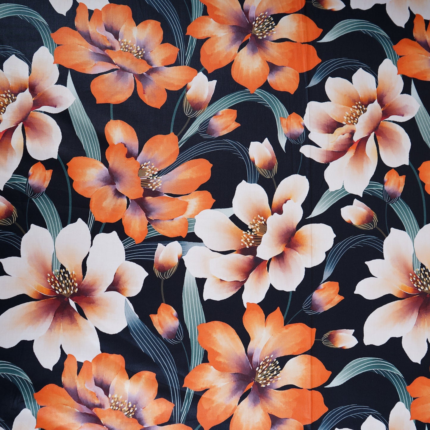 Black Floral Print Cotton Satin Fabric PG-30400