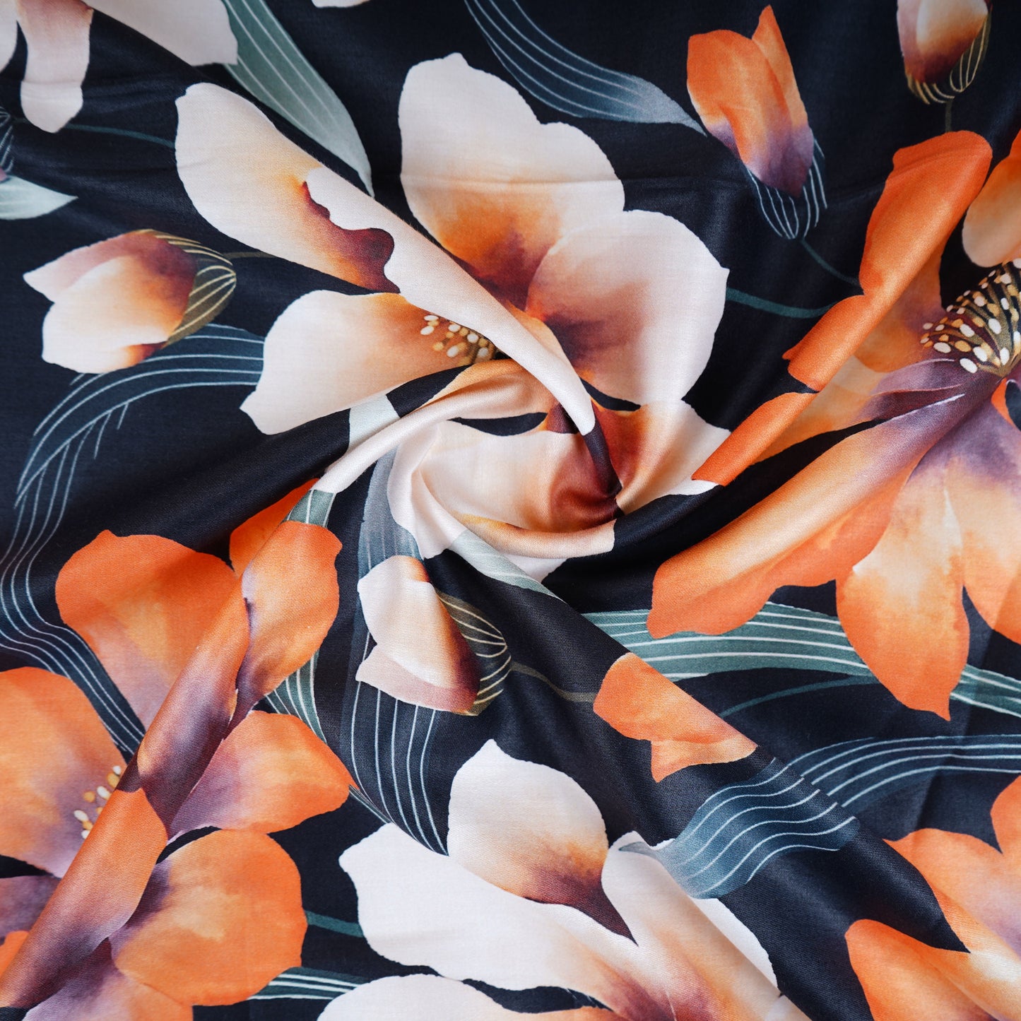 Black Floral Print Cotton Satin Fabric PG-30400