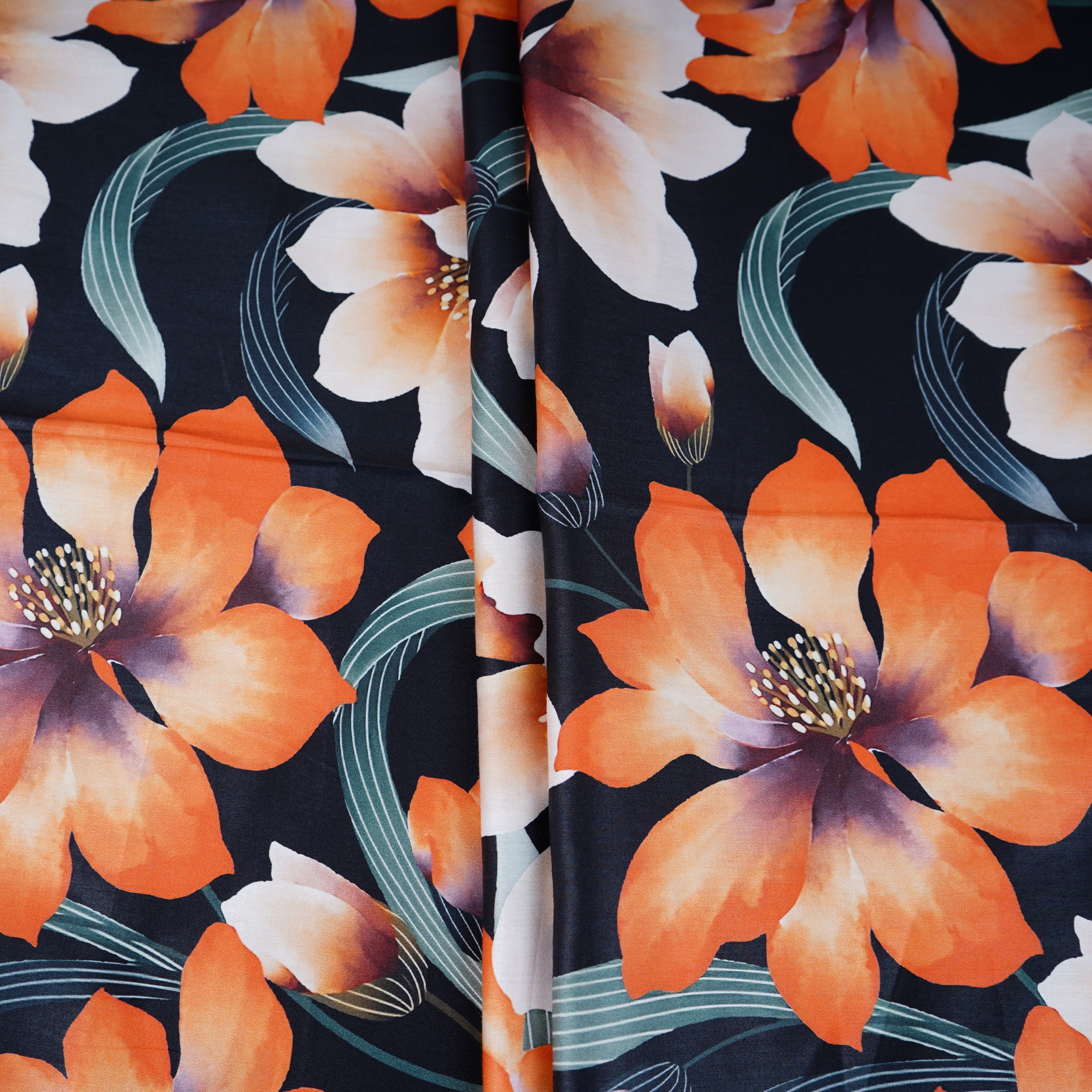 Black Floral Print Cotton Satin Fabric PG-30400 - TradeUNO