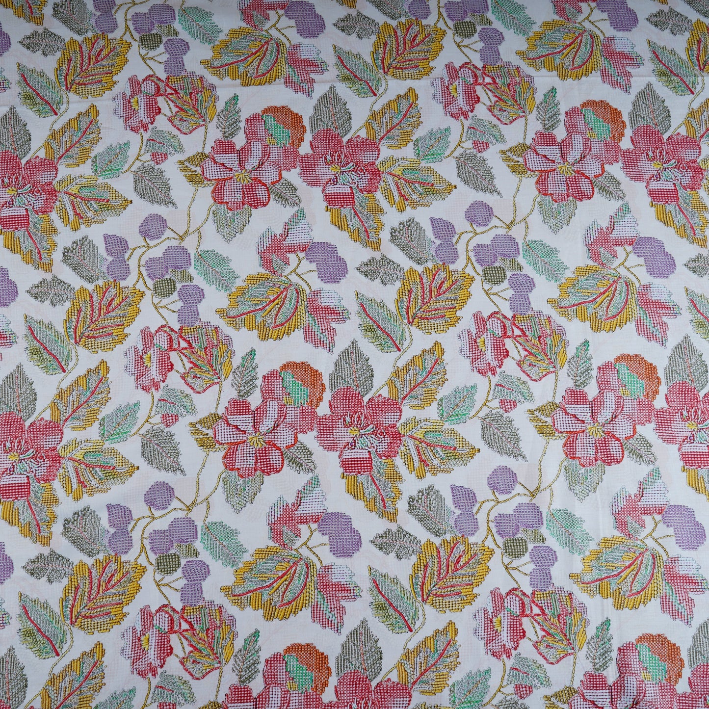 Off White Floral Print Cotton Satin Fabric PG-30394