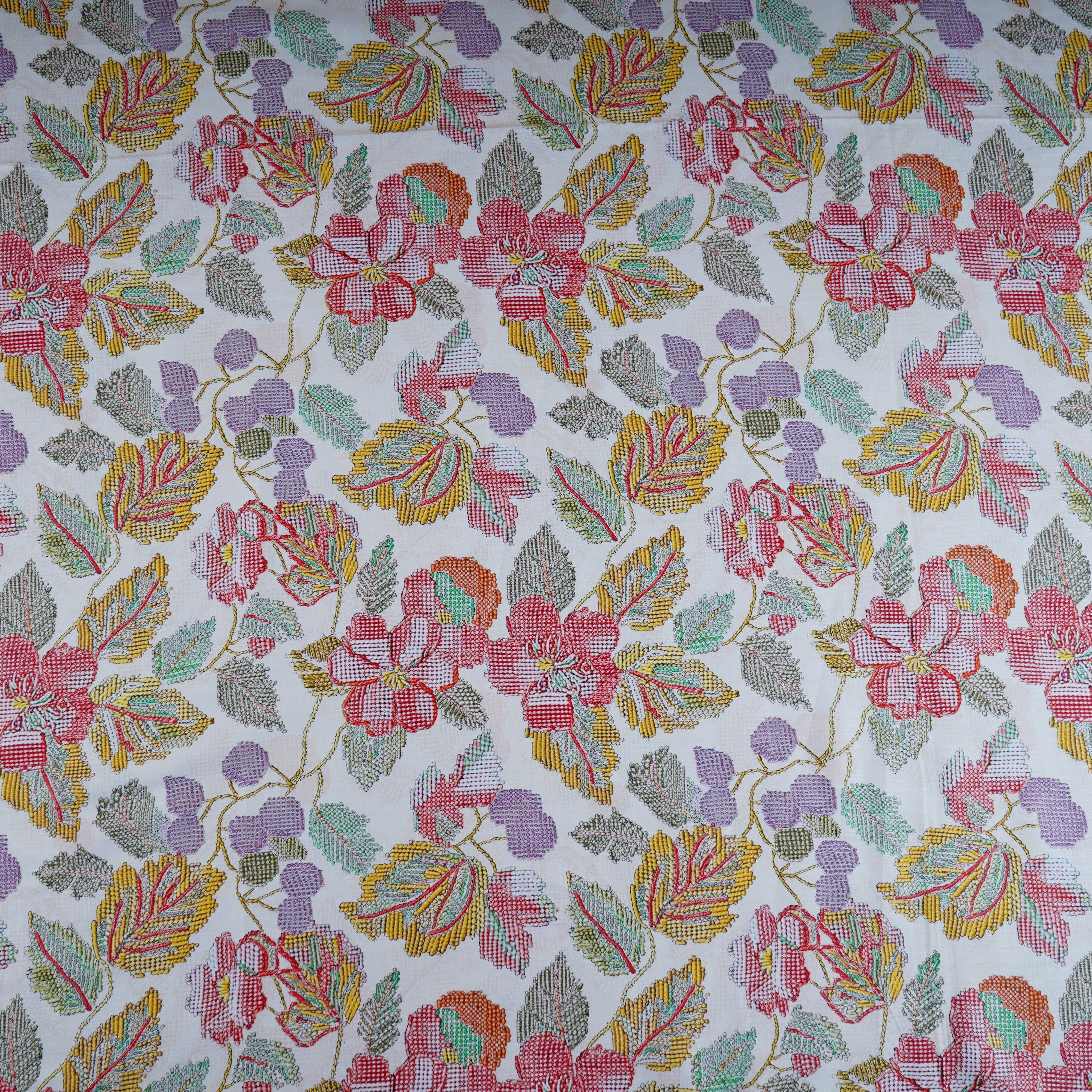Off White Floral Print Cotton Satin Fabric PG-30394 - TradeUNO