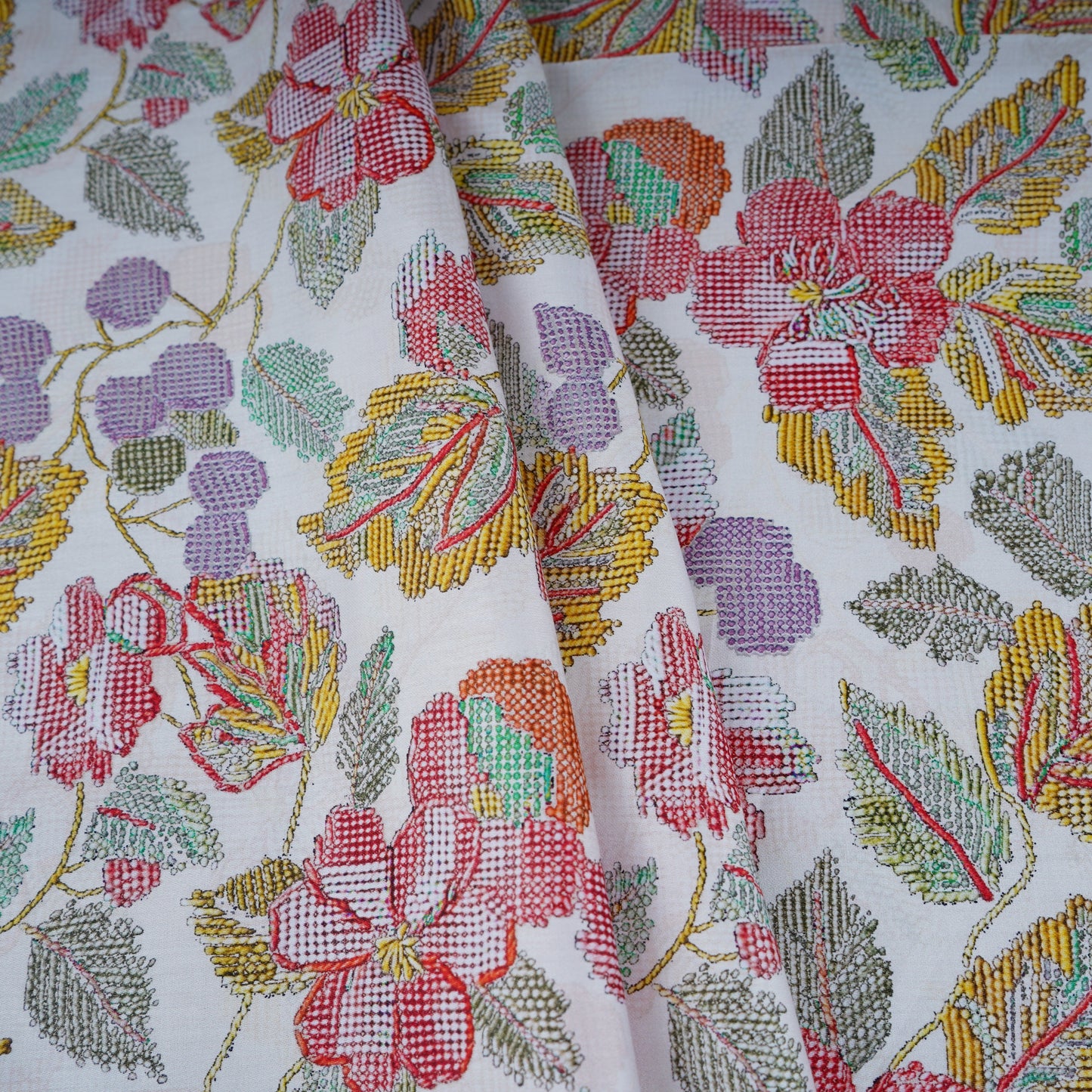 Off White Floral Print Cotton Satin Fabric PG-30394