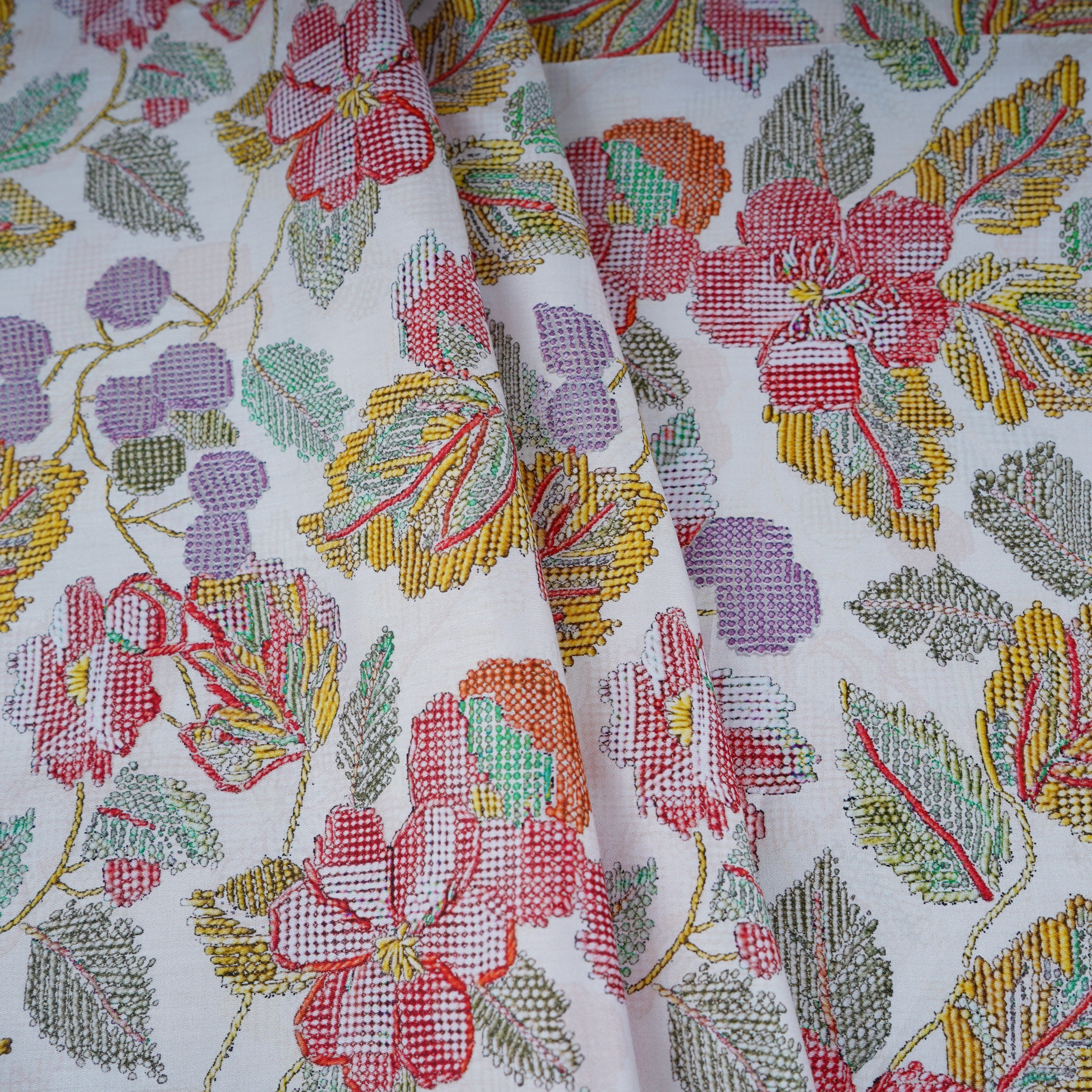 Off White Floral Print Cotton Satin Fabric PG-30394 - TradeUNO