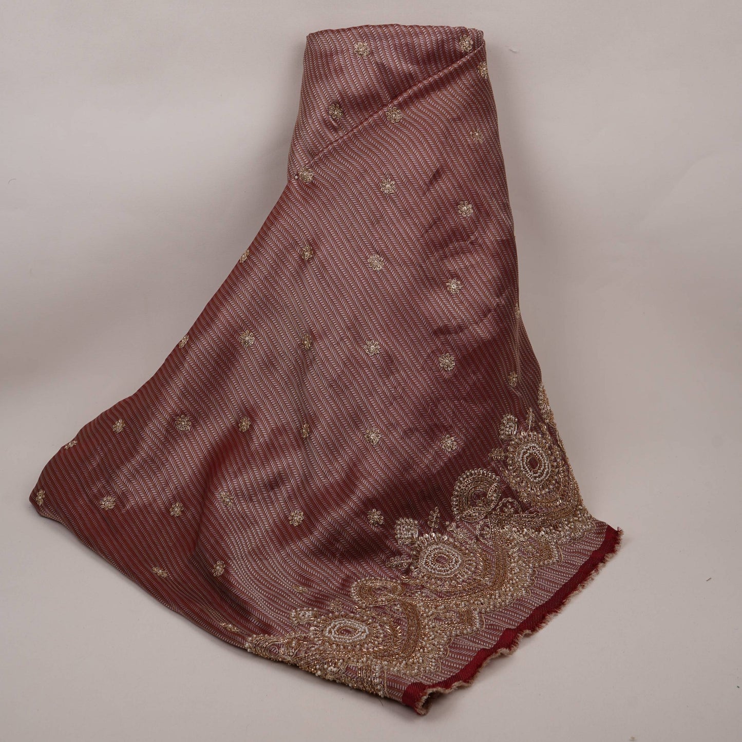 Maroon with Silver Zari Stripes Border Cutdana embroidery Jacquard Fabric TF-32242