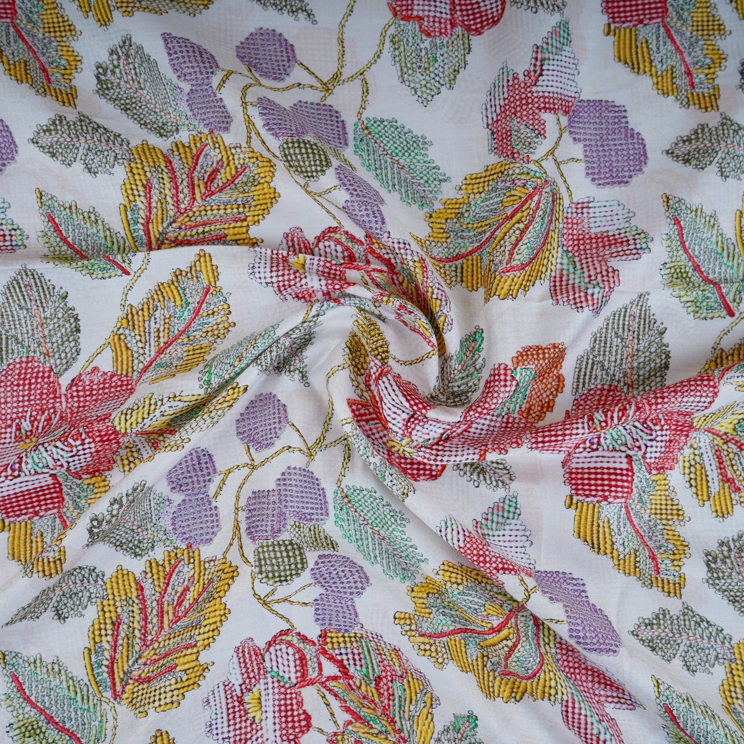 Off White Floral Print Cotton Satin Fabric PG-30394