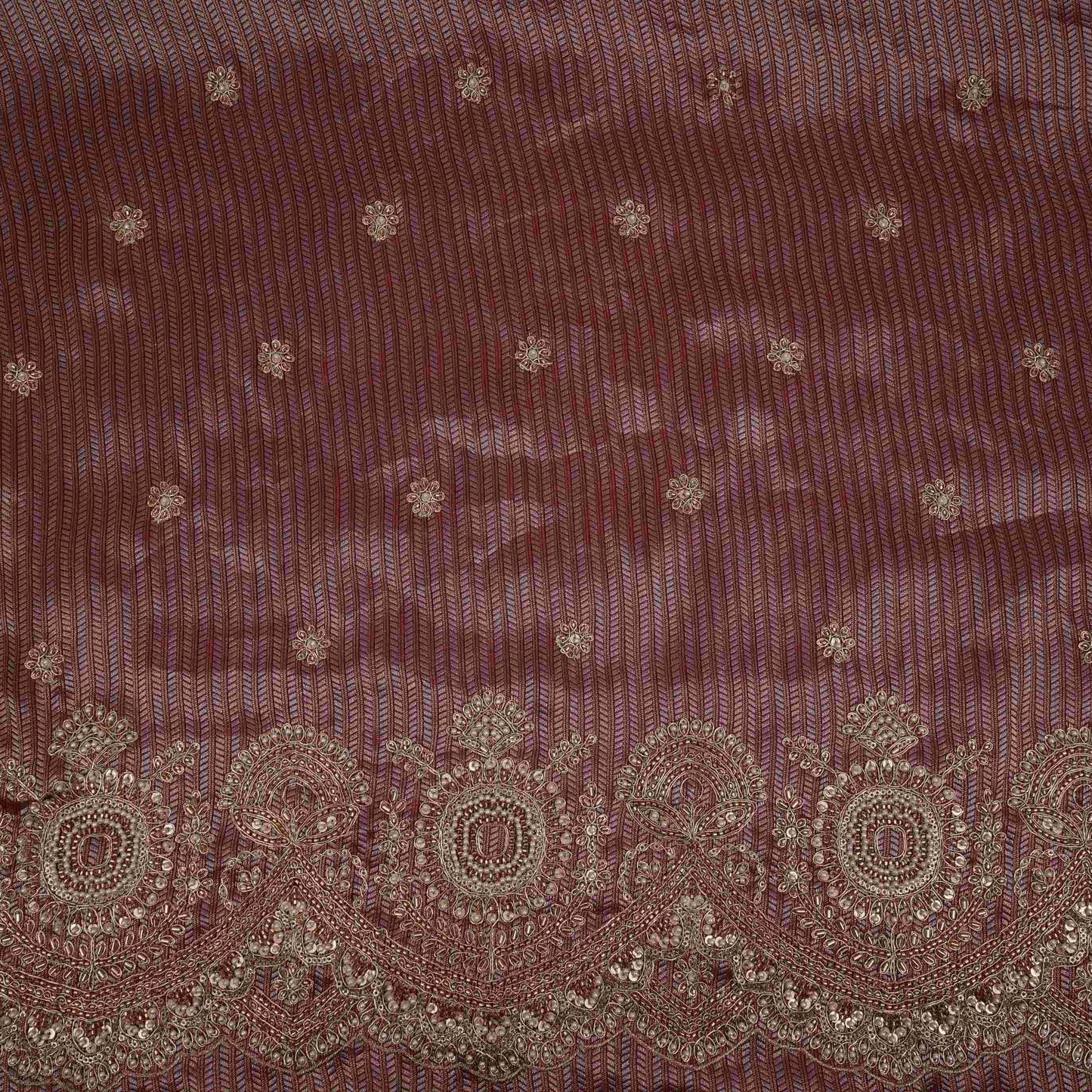 Maroon with Silver Zari Stripes Border Cutdana embroidery Jacquard Fabric TF-32242