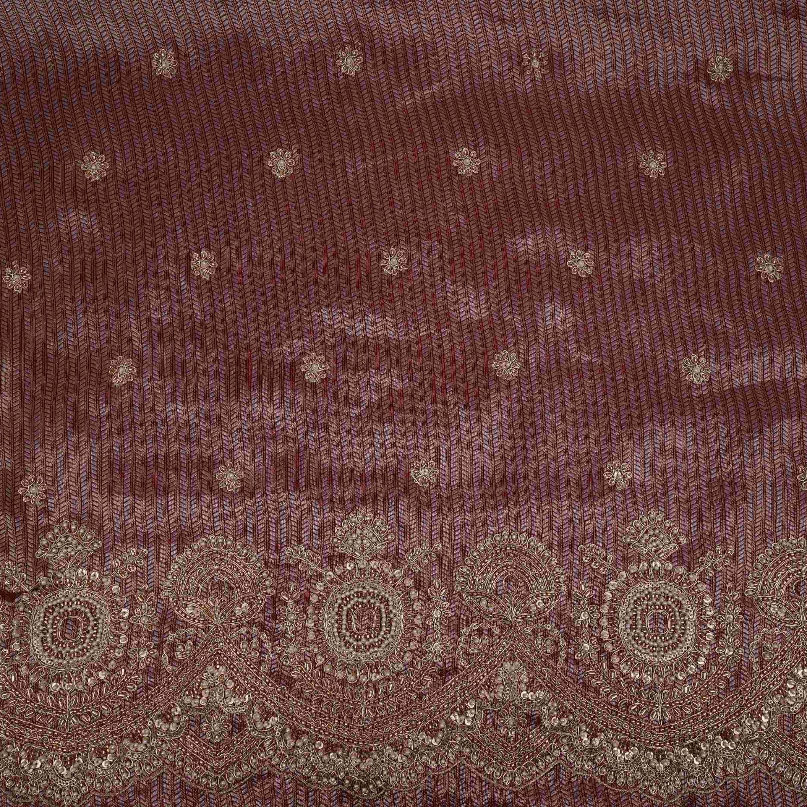 Maroon with Silver Zari Stripes Border Cutdana embroidery Jacquard Fabric TF-32242 - TradeUNO