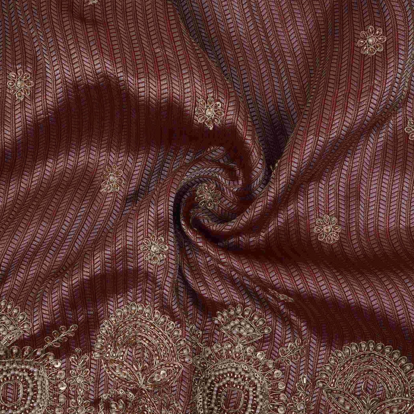 Maroon with Silver Zari Stripes Border Cutdana embroidery Jacquard Fabric TF-32242