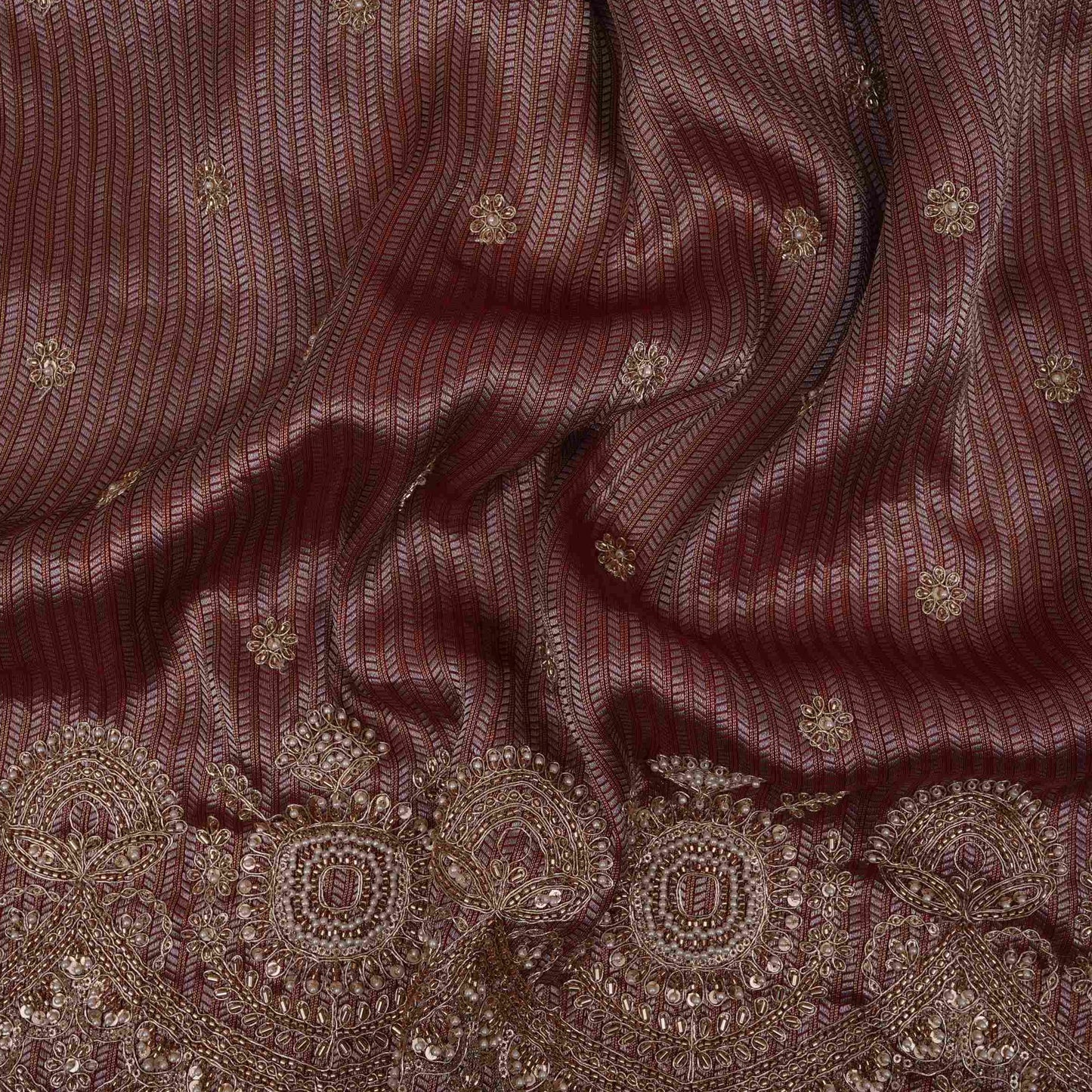 Maroon with Silver Zari Stripes Border Cutdana embroidery Jacquard Fabric TF-32242