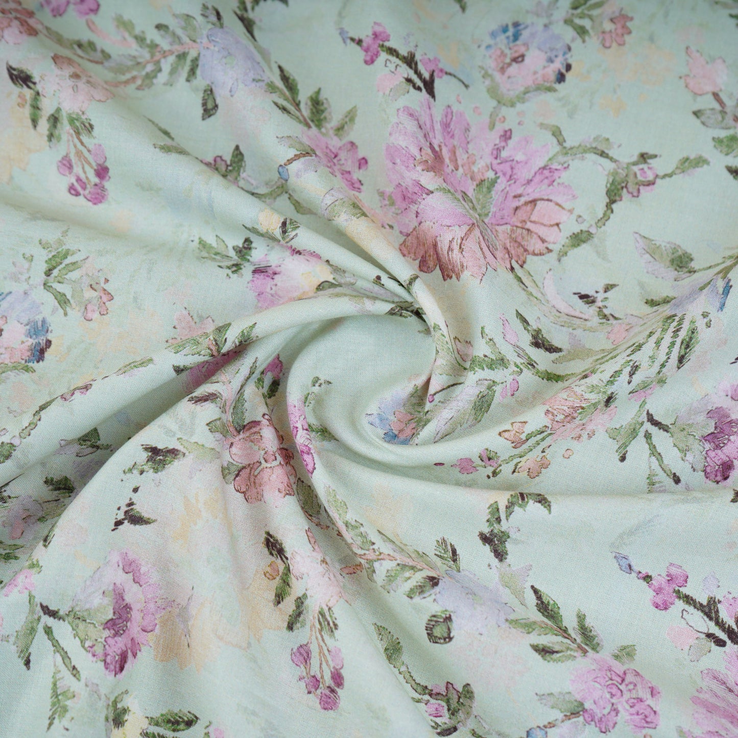 Pale Light Green Floral Print Cotton Mulmul Fabric PG-30375