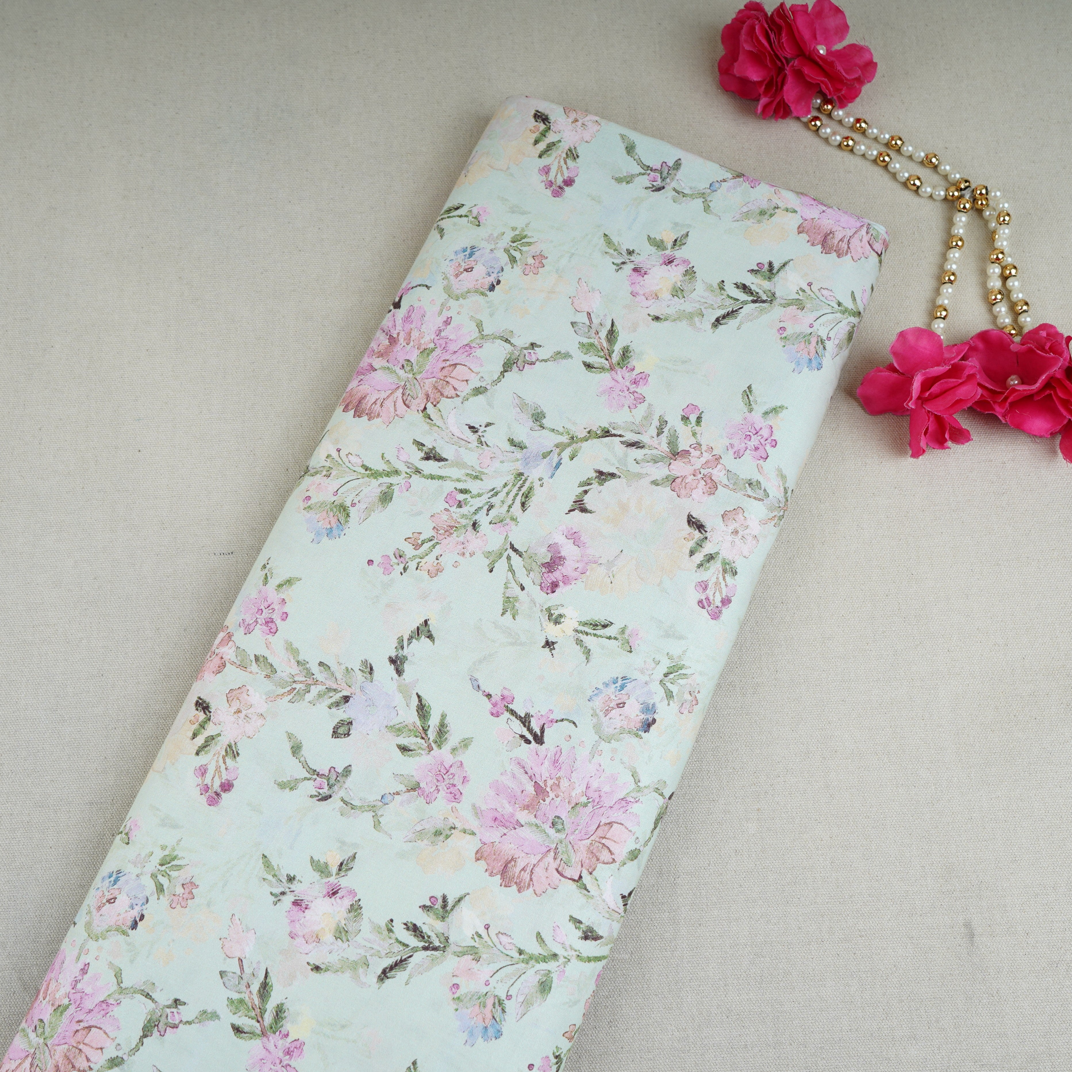 Pale Light Green Floral Print Cotton Mulmul Fabric PG-30375 - TradeUNO