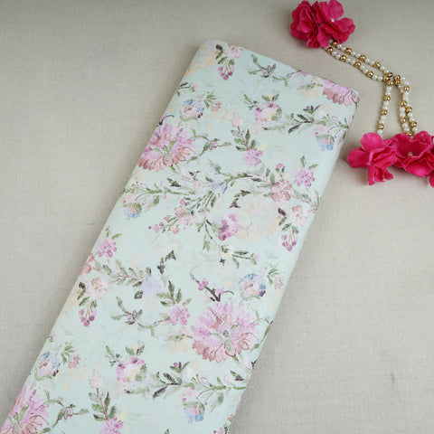 Pale Light Green Floral Print Cotton Mulmul Fabric PG-30375