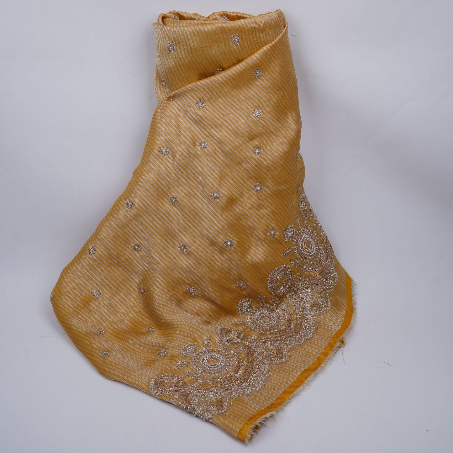 Mustard Gold with Silver Zari Stripes Border Cutdana embroidery Jacquard Fabric TF-32243
