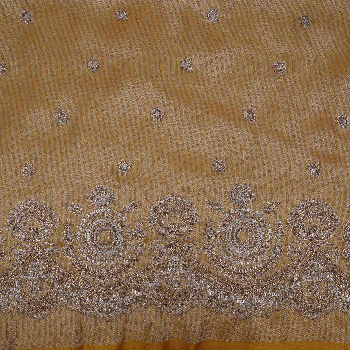 Mustard Gold with Silver Zari Stripes Border Cutdana embroidery Jacquard Fabric TF-32243