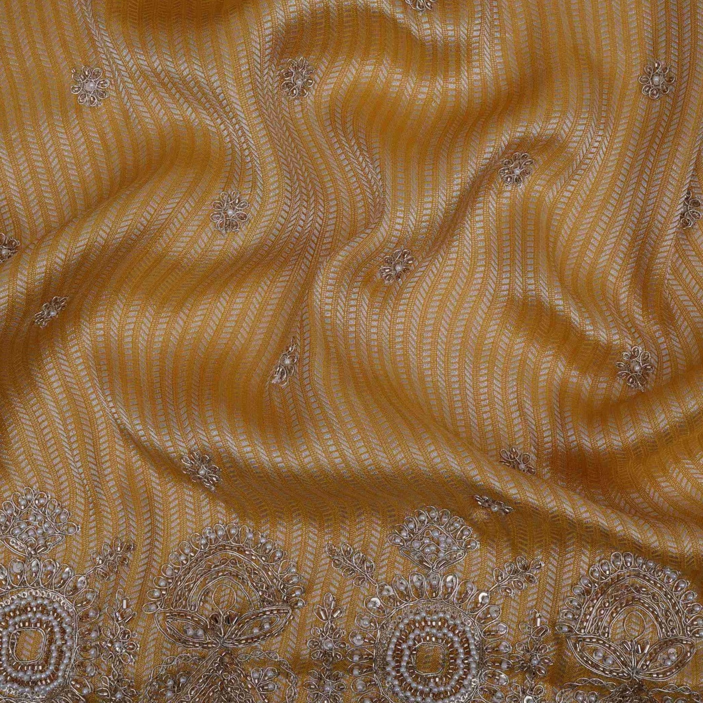 Mustard Gold with Silver Zari Stripes Border Cutdana embroidery Jacquard Fabric TF-32243