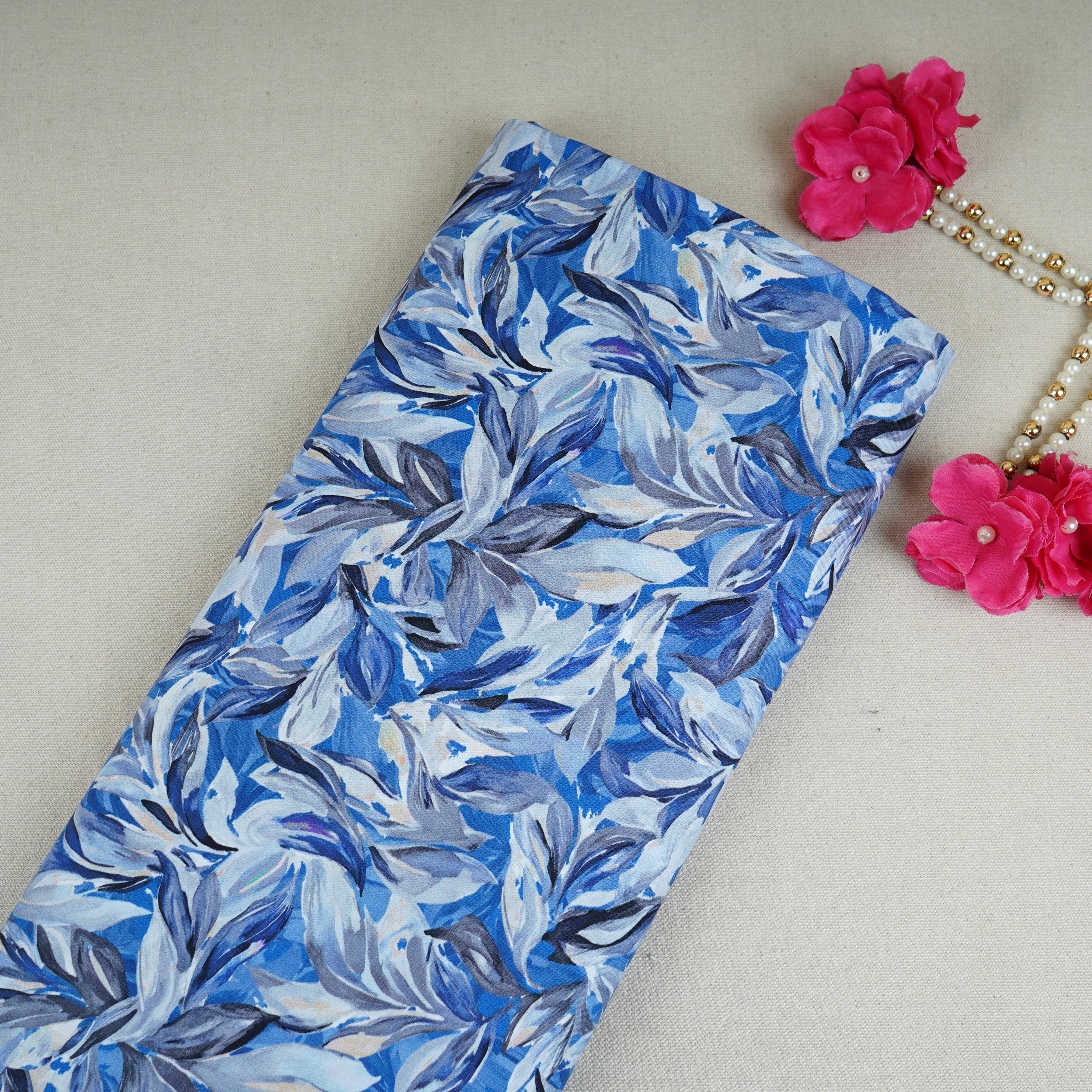Blue Floral Print Cotton Mulmul Fabric PG-30377 - TradeUNO