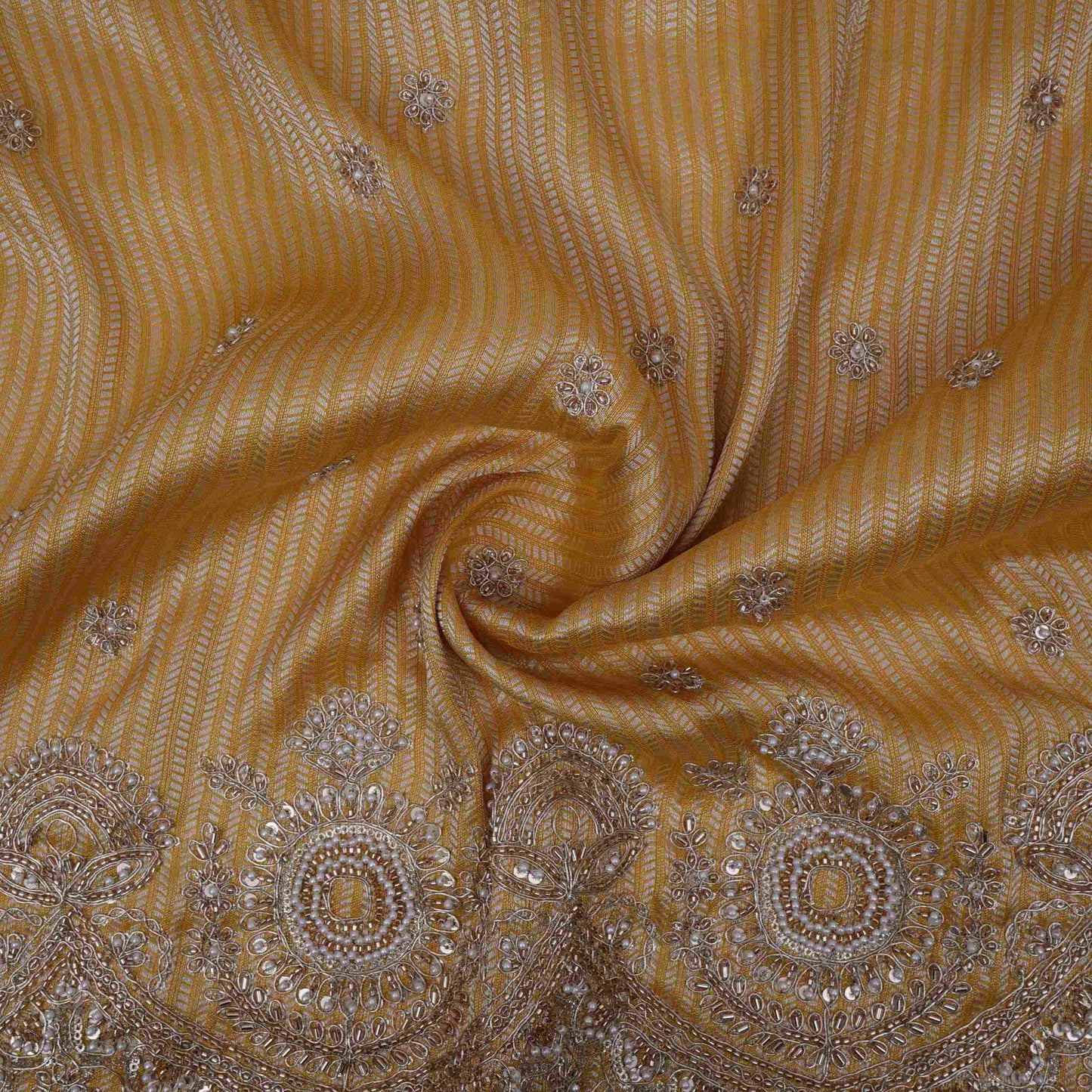 Mustard Gold with Silver Zari Stripes Border Cutdana embroidery Jacquard Fabric TF-32243