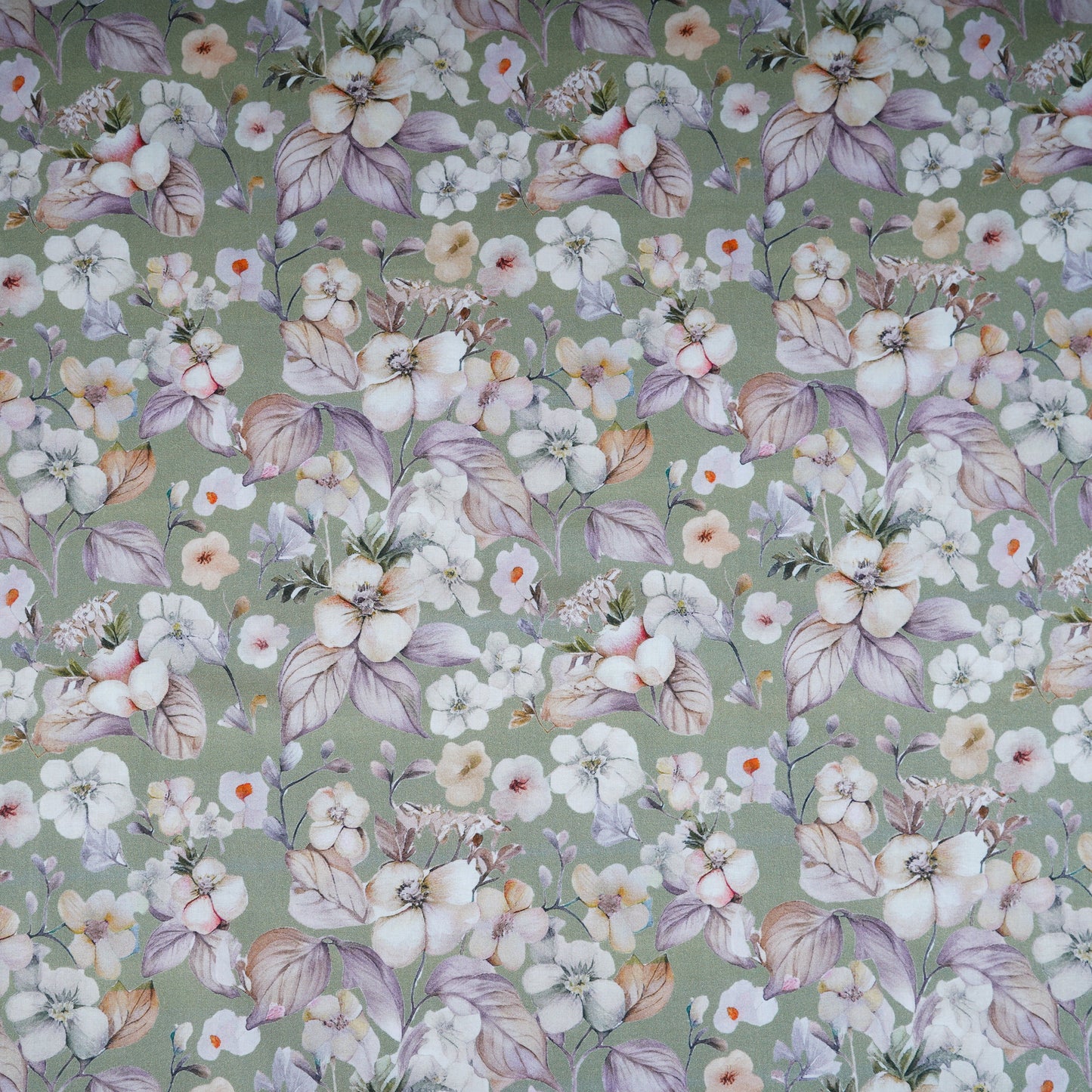 Olive Green Floral Print Cotton Mulmul Fabric PG-30376