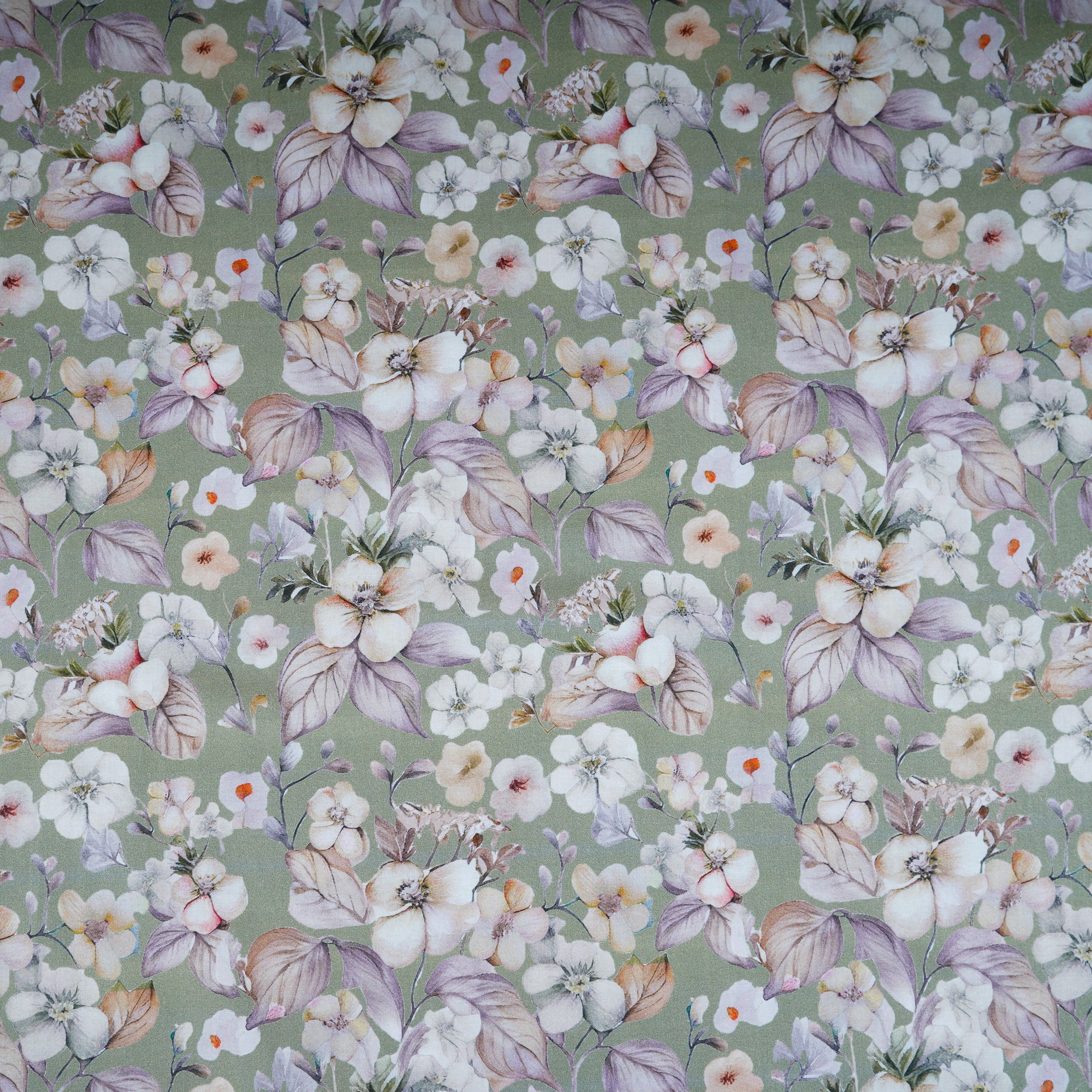 Olive Green Floral Print Cotton Mulmul Fabric PG-30376 - TradeUNO