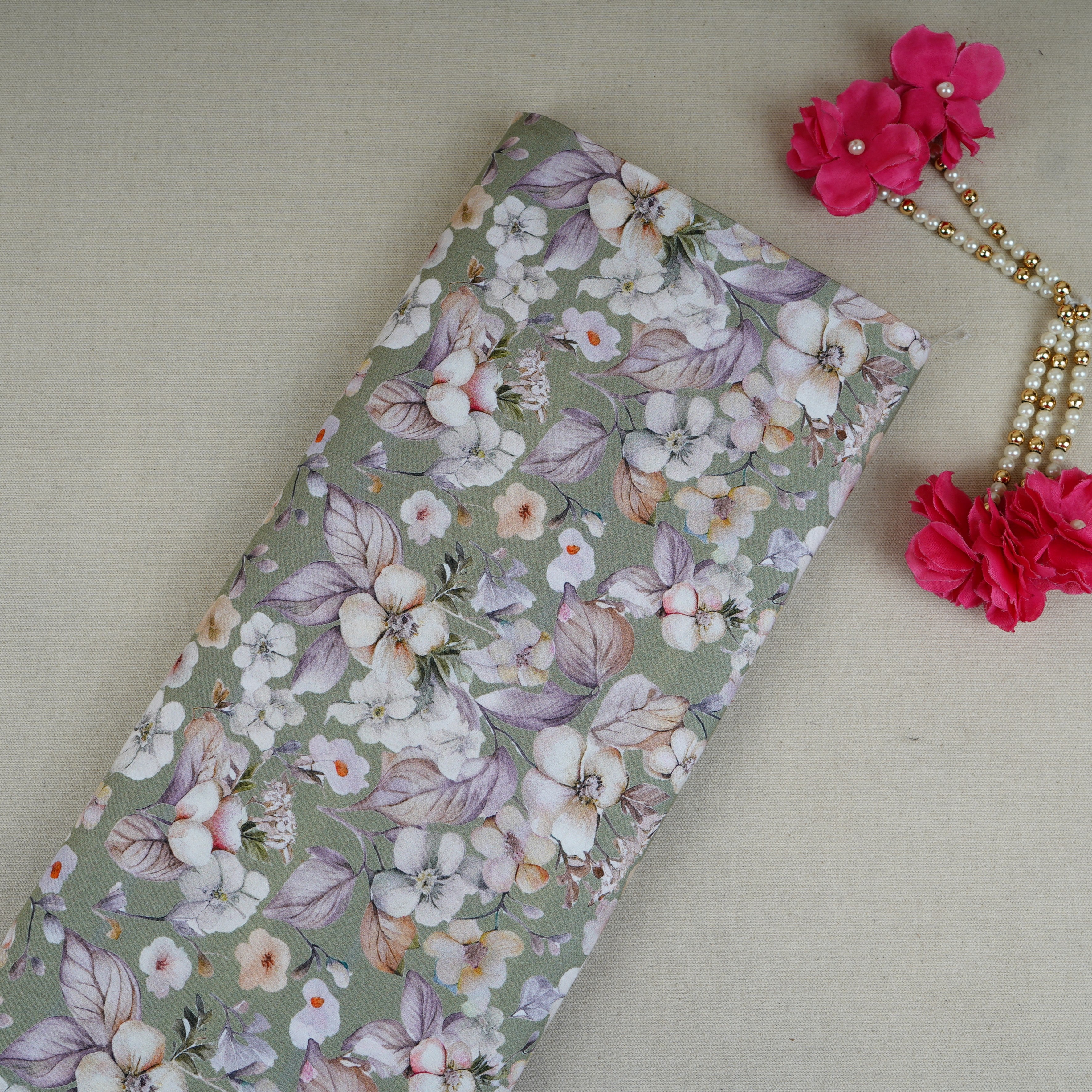 Olive Green Floral Print Cotton Mulmul Fabric PG-30376 - TradeUNO