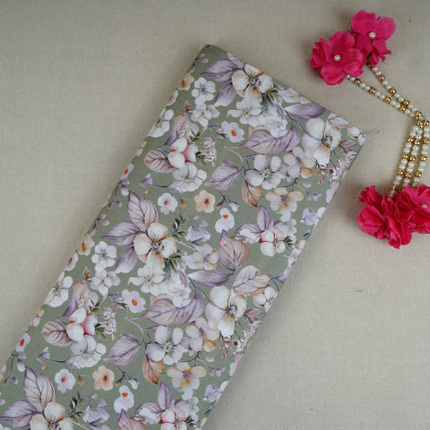 Olive Green Floral Print Cotton Mulmul Fabric PG-30376