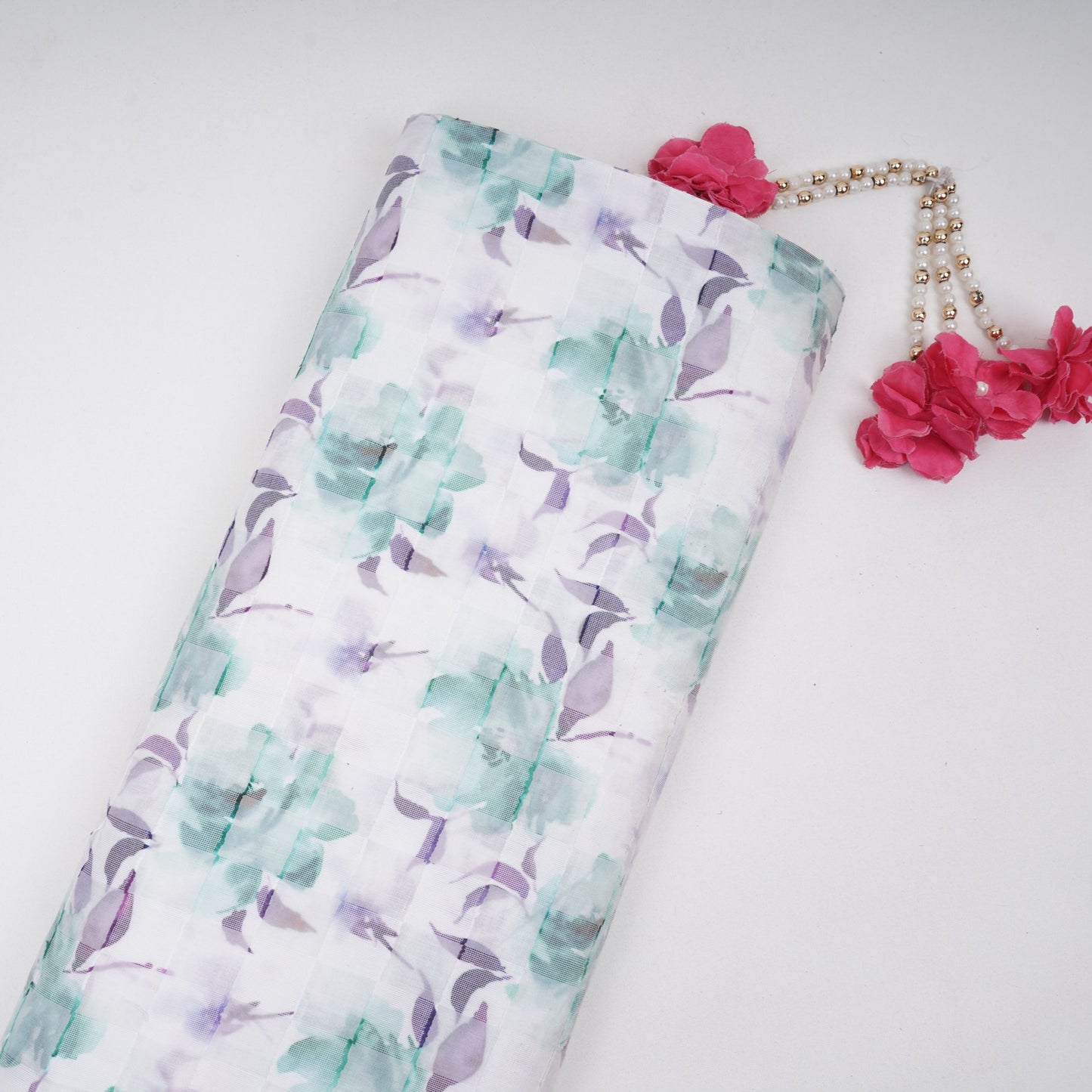 Mint Green & Purple Dobby check floral print Cotton Linen Fabric DE-32137