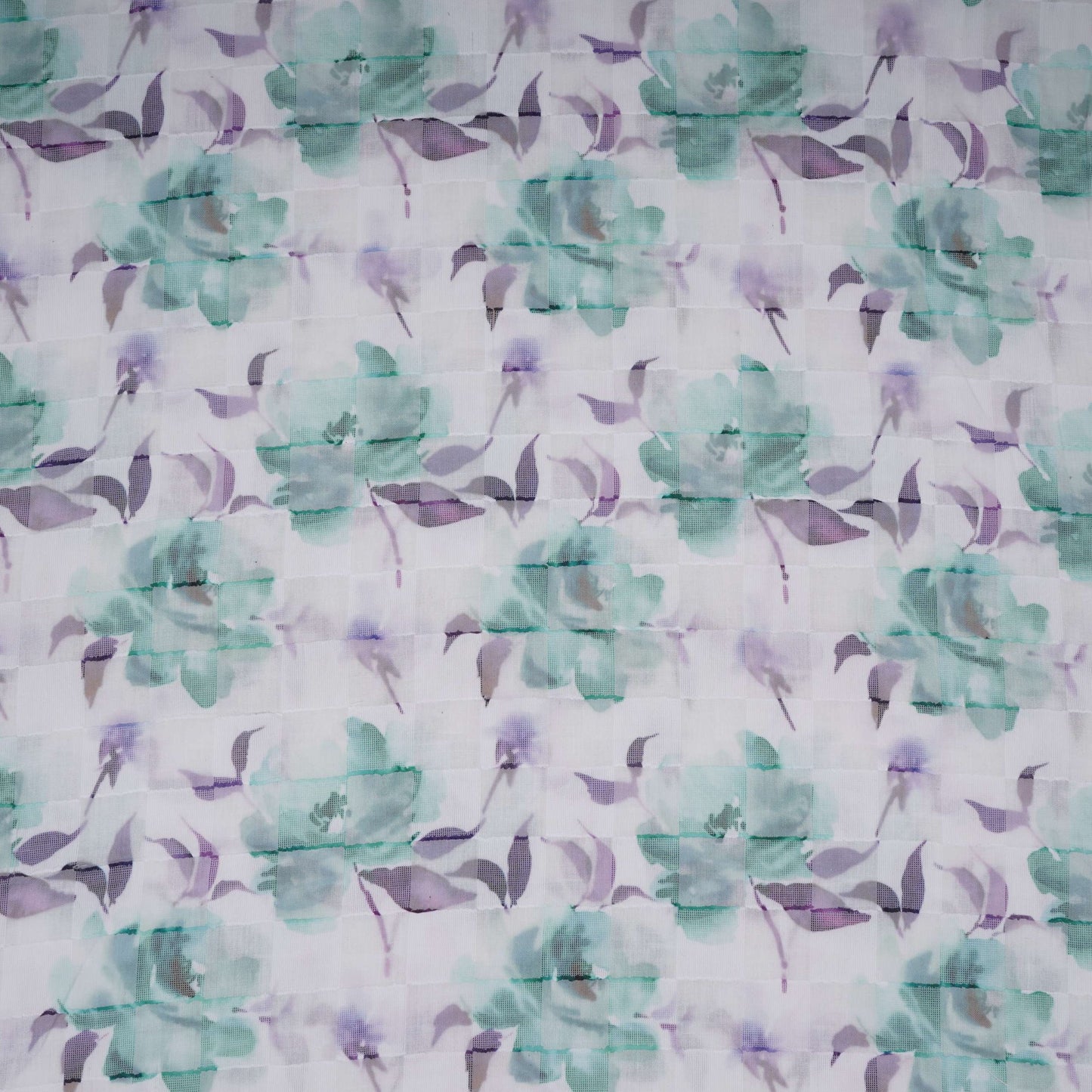 Mint Green & Purple Dobby check floral print Cotton Linen Fabric DE-32137