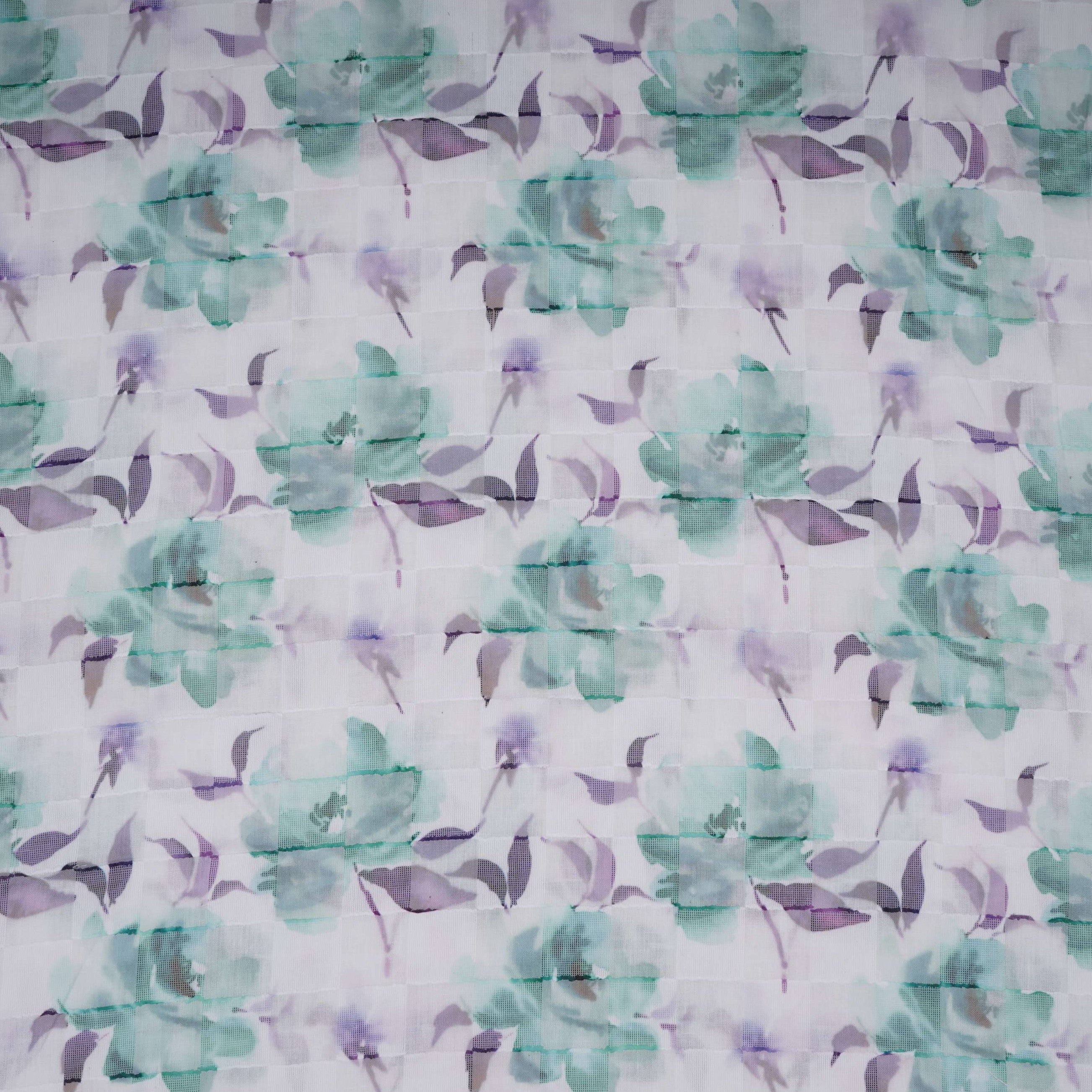 Mint Green & Purple Dobby check floral print Cotton Linen Fabric DE-32137 - TradeUNO