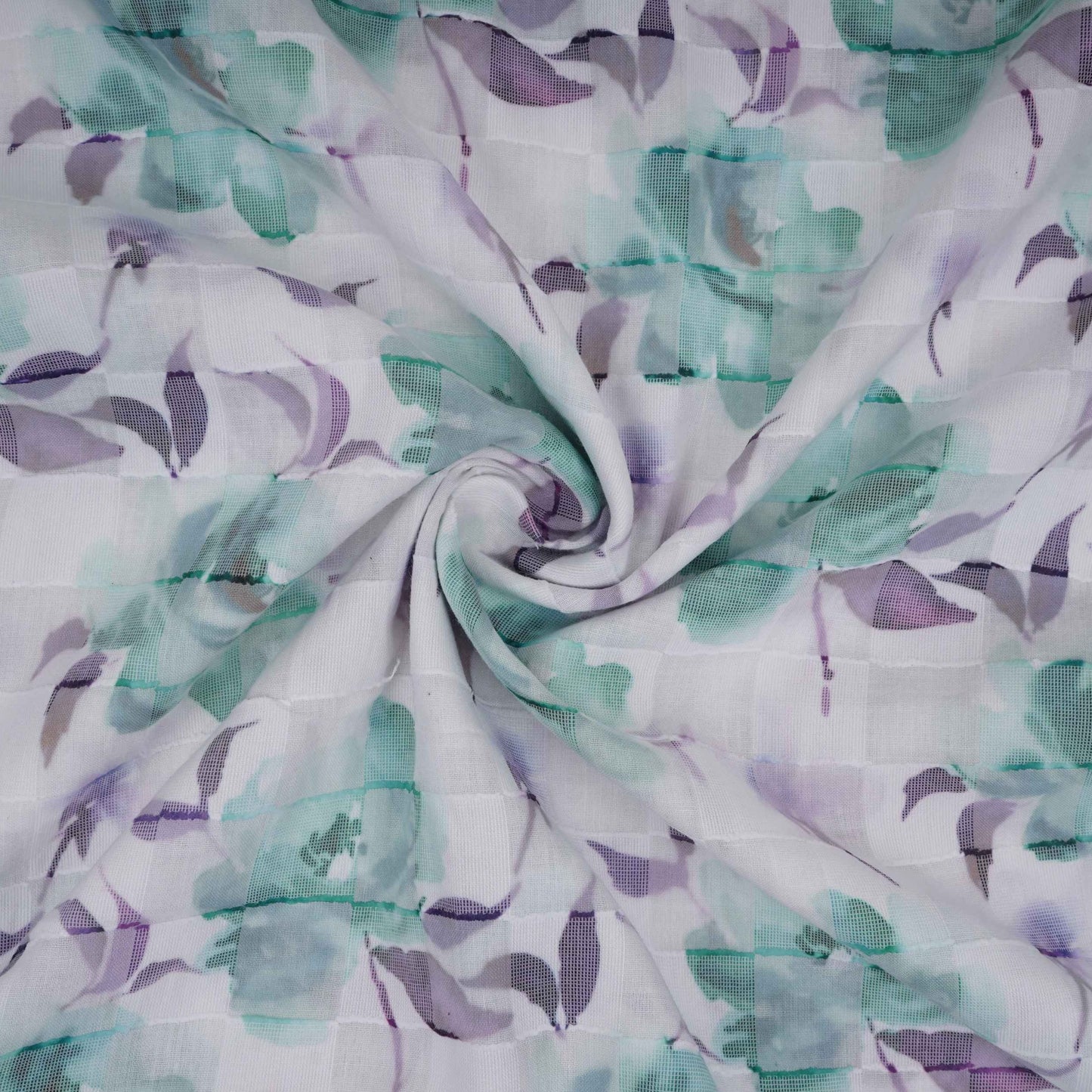 Mint Green & Purple Dobby check floral print Cotton Linen Fabric DE-32137