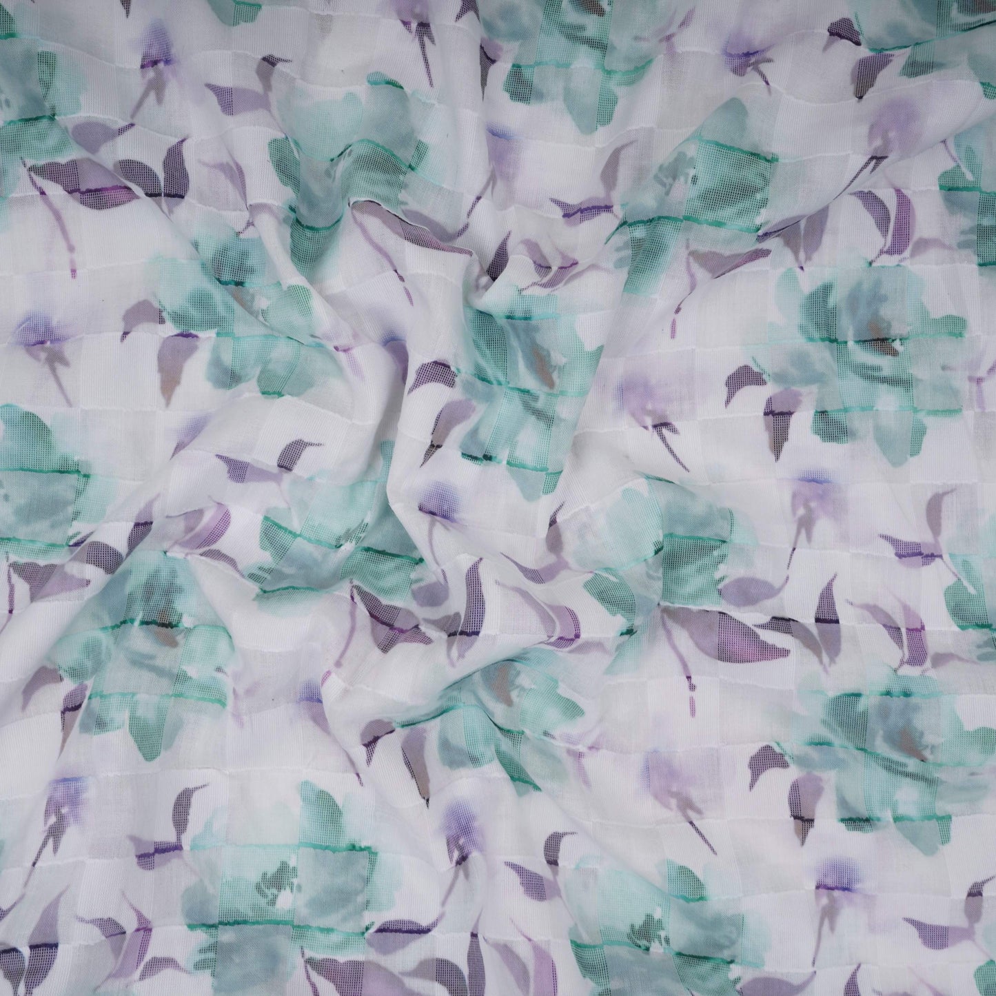 Mint Green & Purple Dobby check floral print Cotton Linen Fabric DE-32137