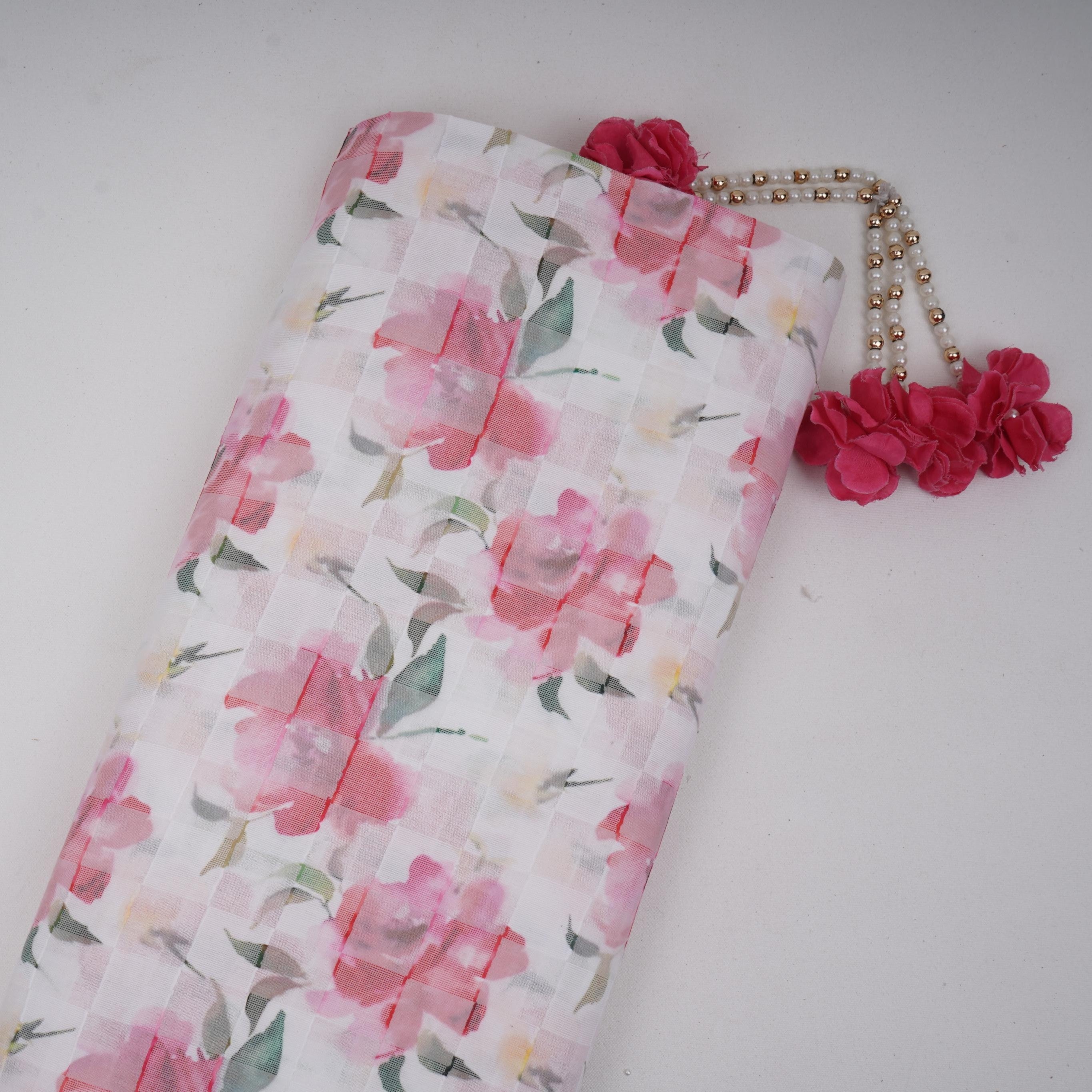 Pink & Green Dobby check floral print Cotton Linen Fabric DE-32140 - TradeUNO