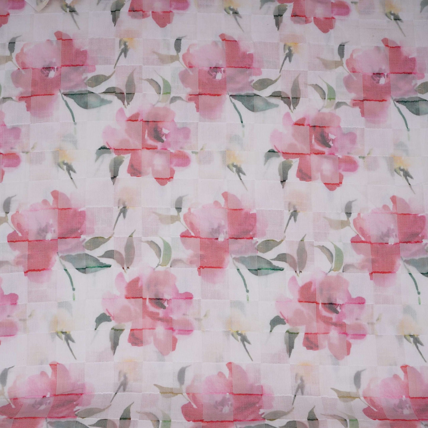 Pink & Green Dobby check floral print Cotton Linen Fabric DE-32140