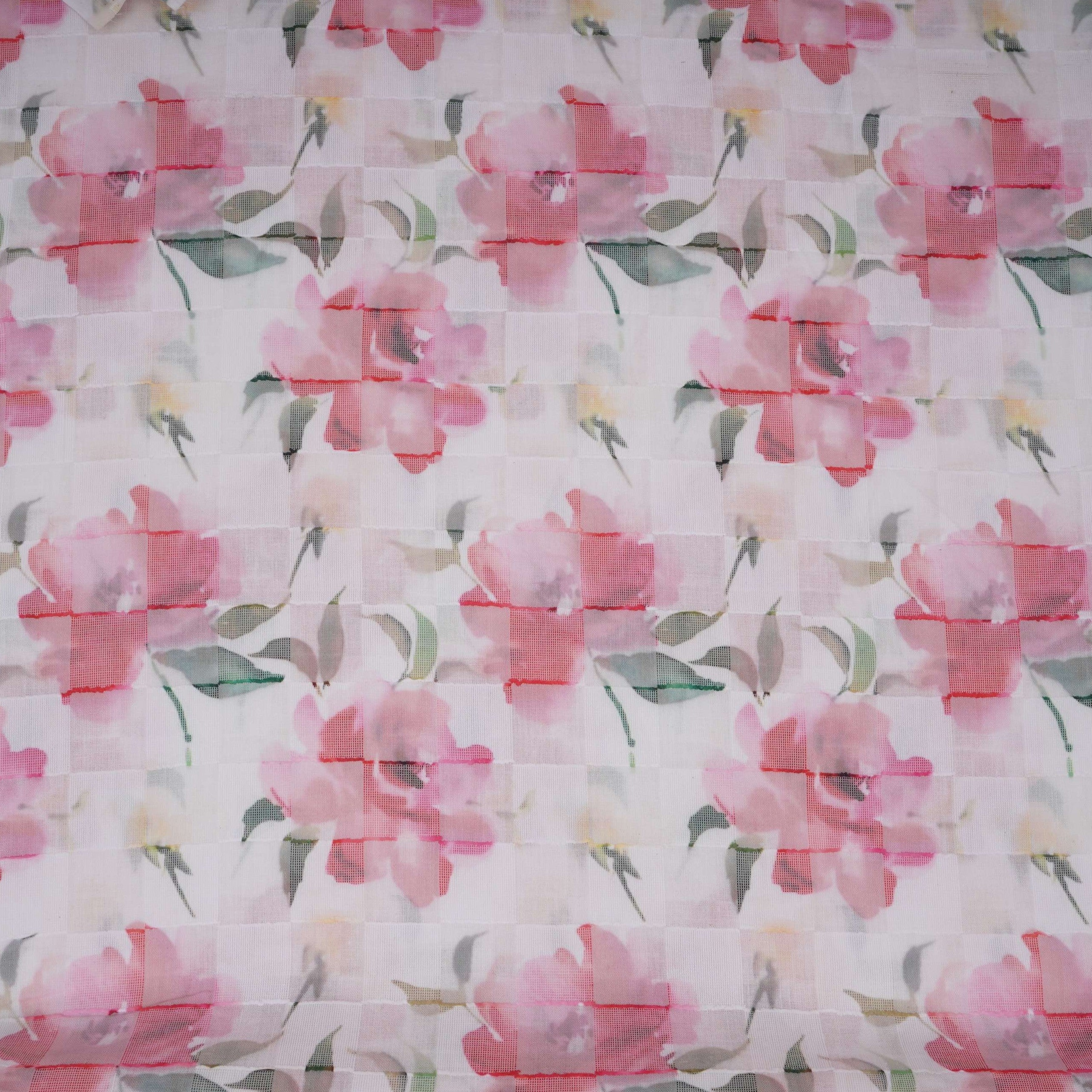 Pink & Green Dobby check floral print Cotton Linen Fabric DE-32140 - TradeUNO