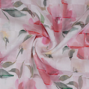 Pink & Green Dobby check floral print Cotton Linen Fabric DE-32140 - TradeUNO