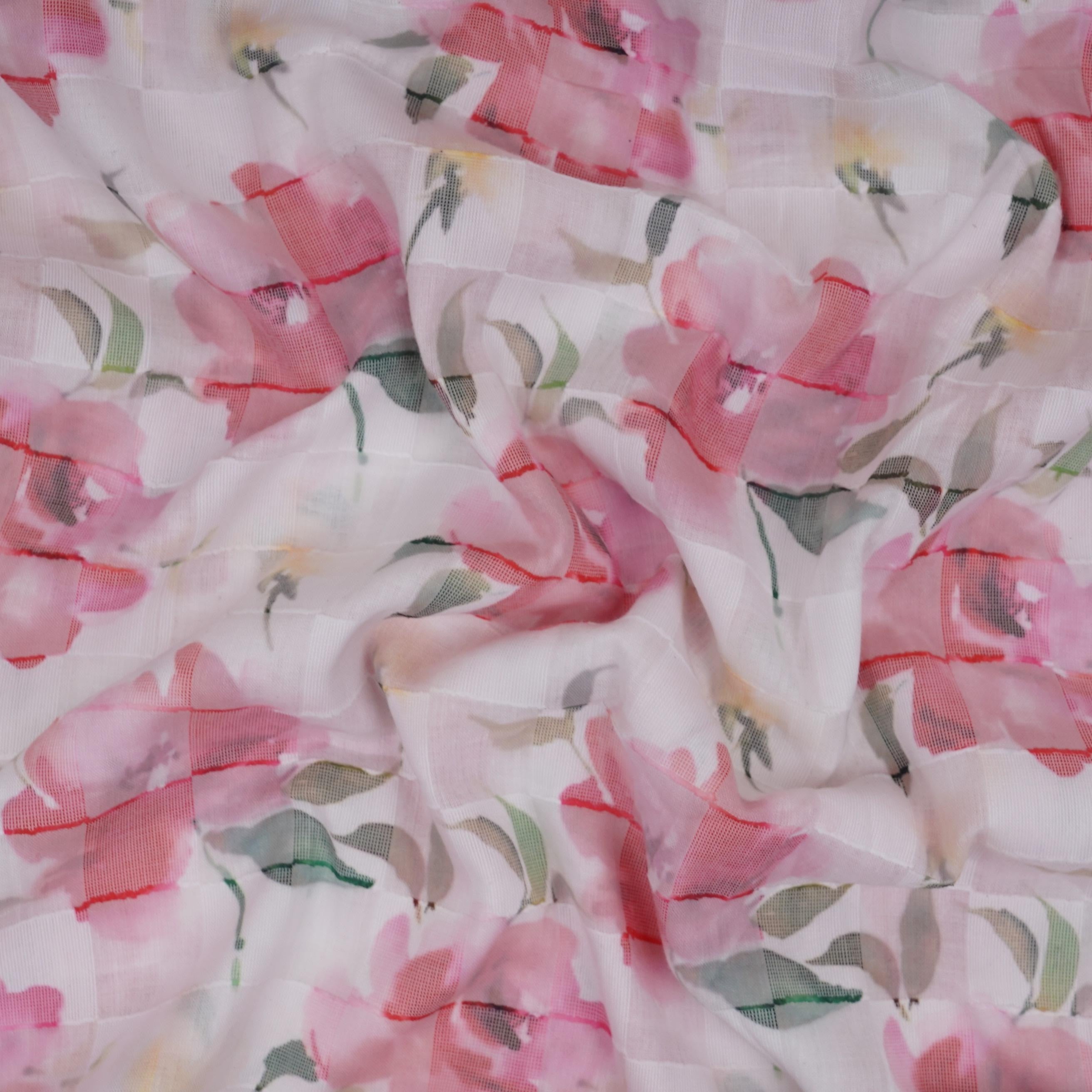 Pink & Green Dobby check floral print Cotton Linen Fabric DE-32140 - TradeUNO