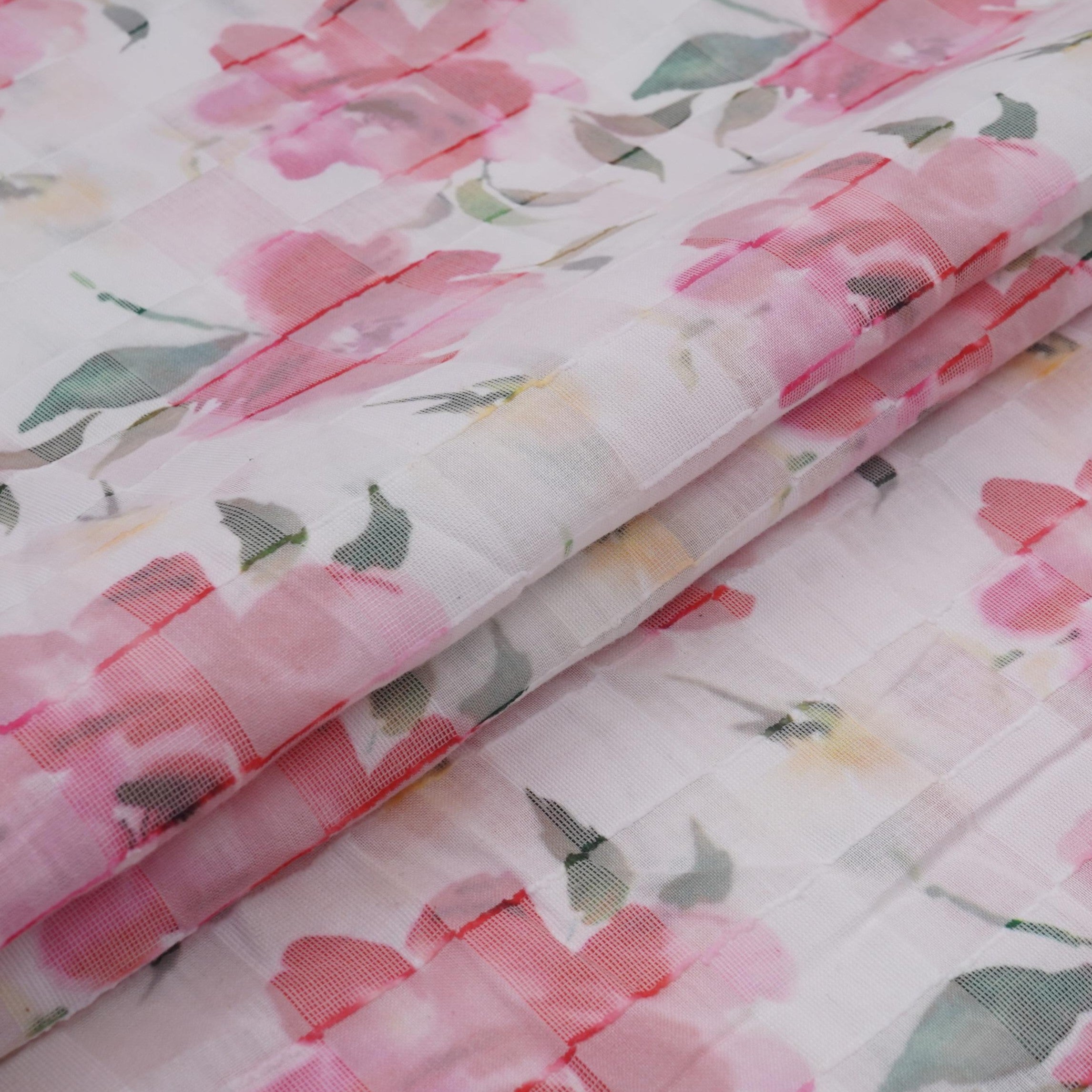 Pink & Green Dobby check floral print Cotton Linen Fabric DE-32140 - TradeUNO