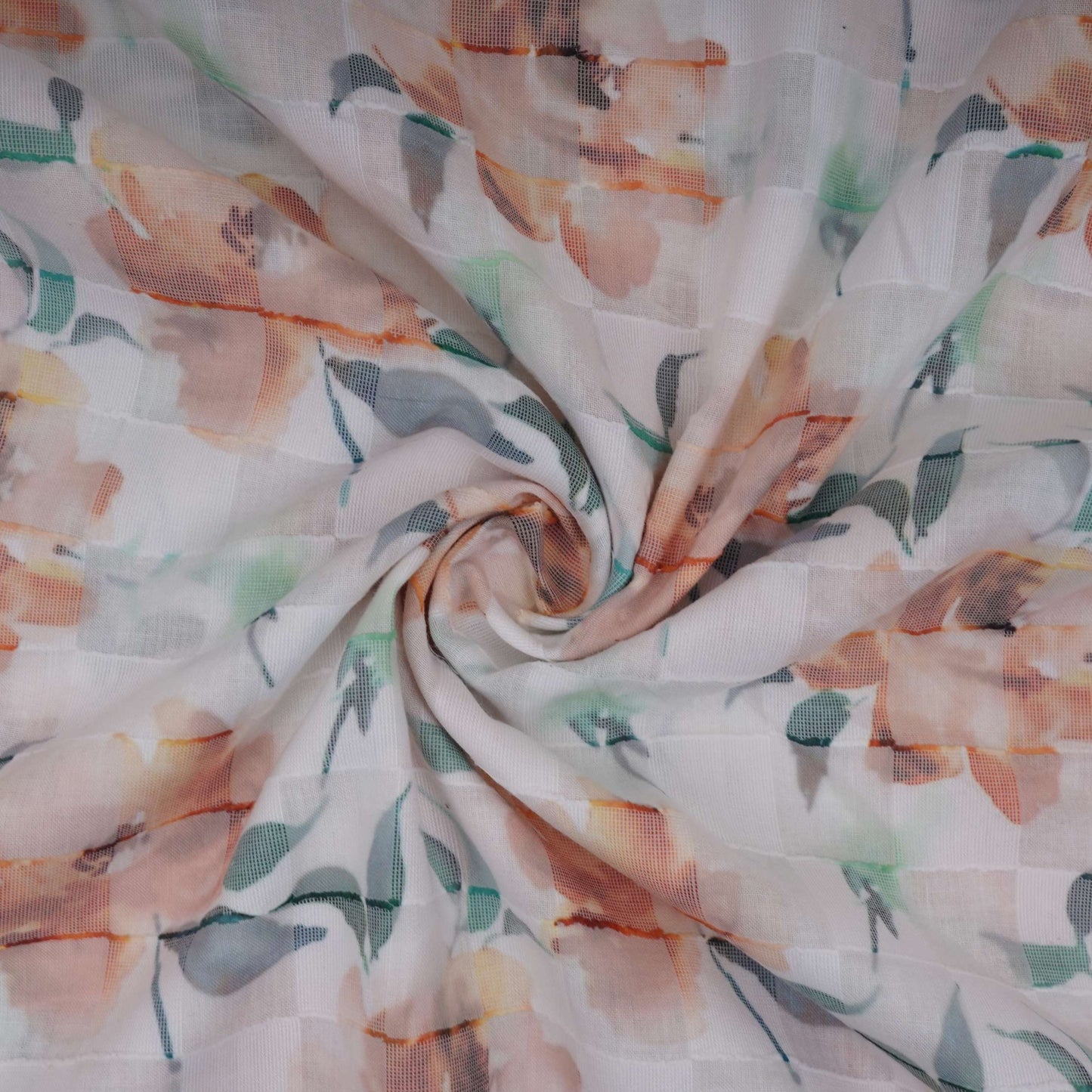 Orange & Green Dobby check floral print Cotton Linen Fabric DE-32138