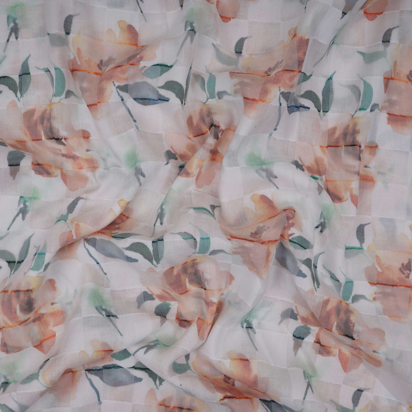 Orange & Green Dobby check floral print Cotton Linen Fabric DE-32138